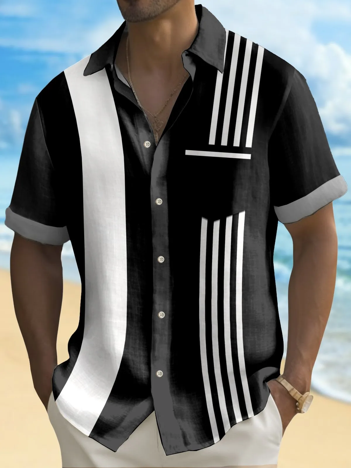 Alohadaddy Vintage Bowling Stripe Print Chest Pocket Shirt Plus Size Men's Shirt