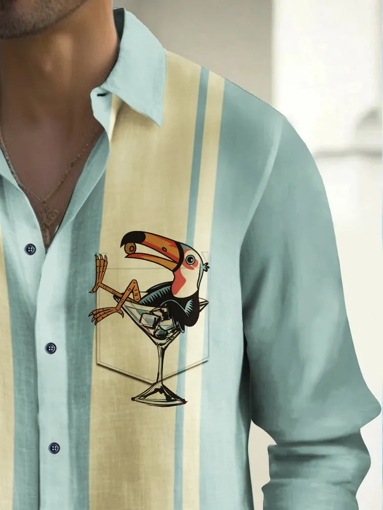 Alohadaddy Vintage Bowling Toucan Cocktail Print Chest Pocket Shirt Plus Size Men's Shirt Big Tall