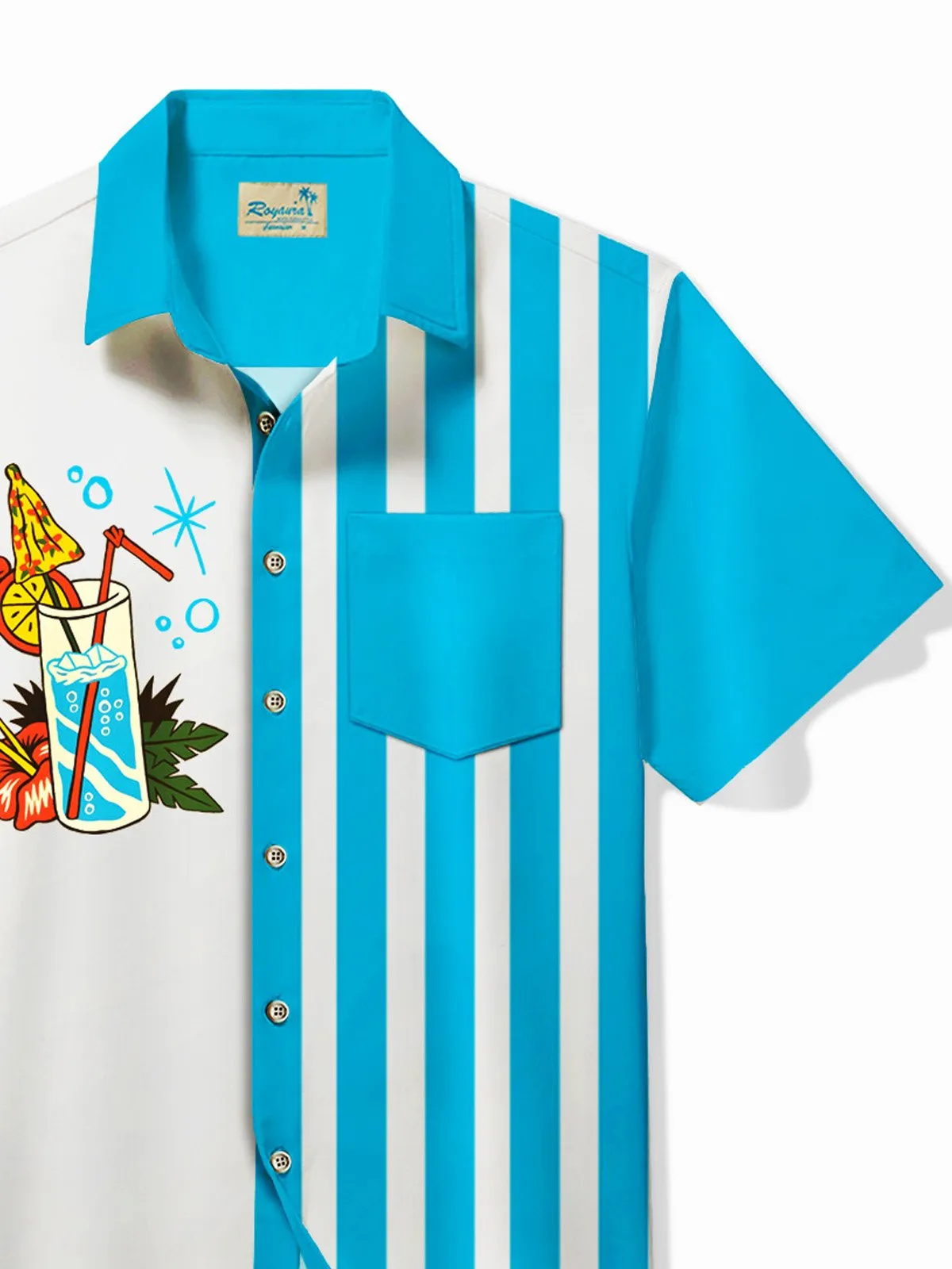 Alohadaddy Vintage Cocktail Blue Bowling Shirt Striped Cartoon Camping Pocket Shirt Big Tall