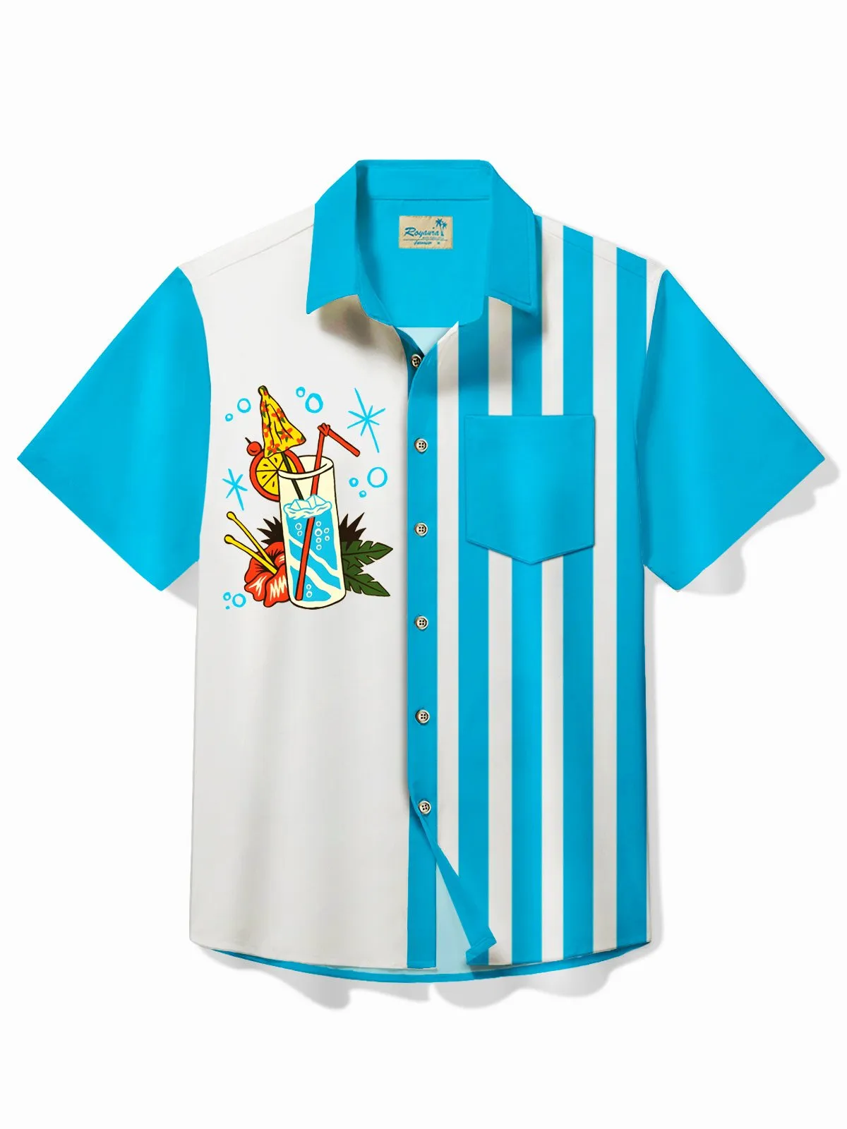 Alohadaddy Vintage Cocktail Blue Bowling Shirt Striped Cartoon Camping Pocket Shirt Big Tall