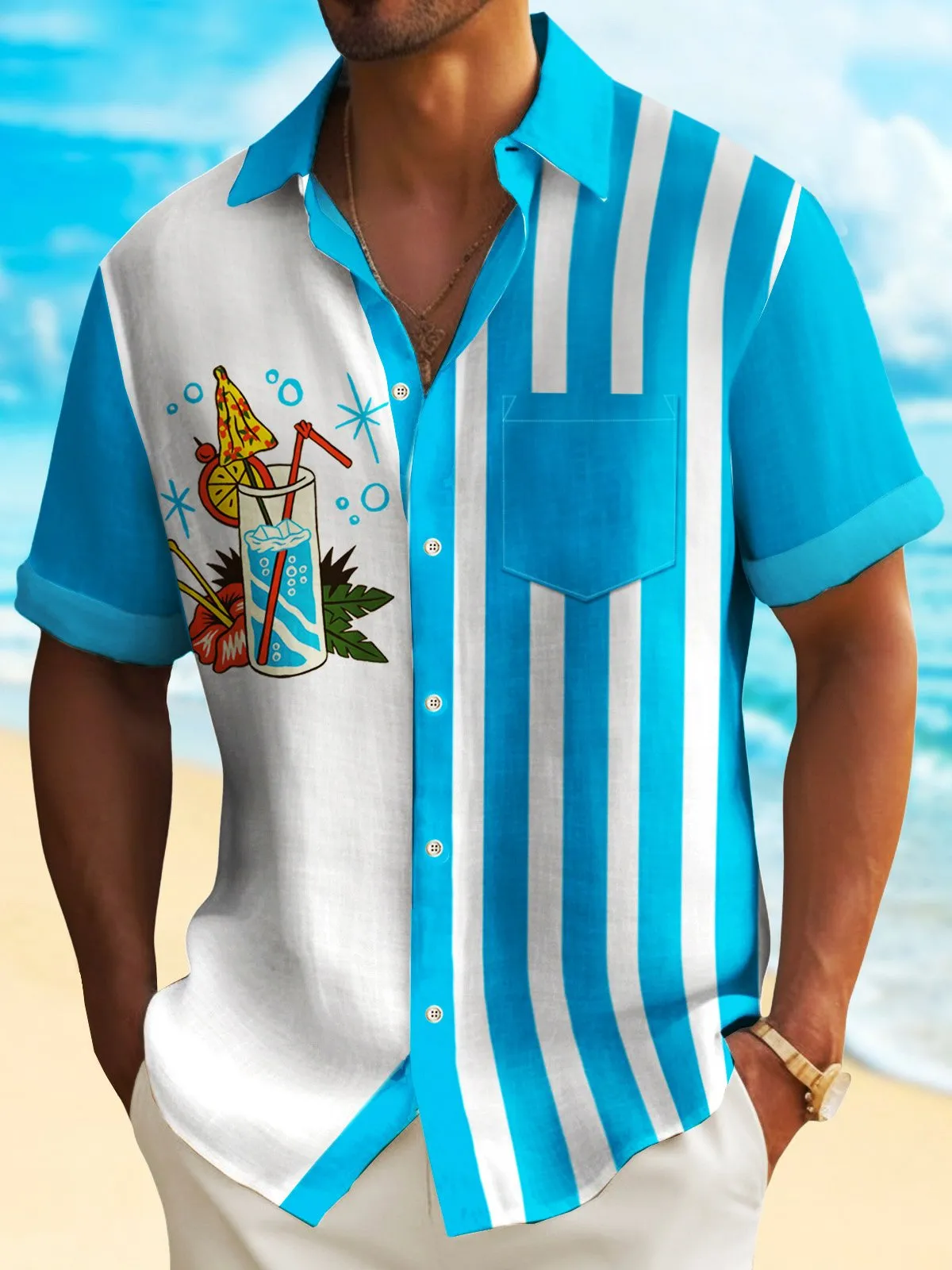 Alohadaddy Vintage Cocktail Blue Bowling Shirt Striped Cartoon Camping Pocket Shirt Big Tall