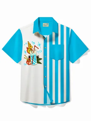 Alohadaddy Vintage Cocktail Blue Bowling Shirt Striped Cartoon Camping Pocket Shirt Big Tall