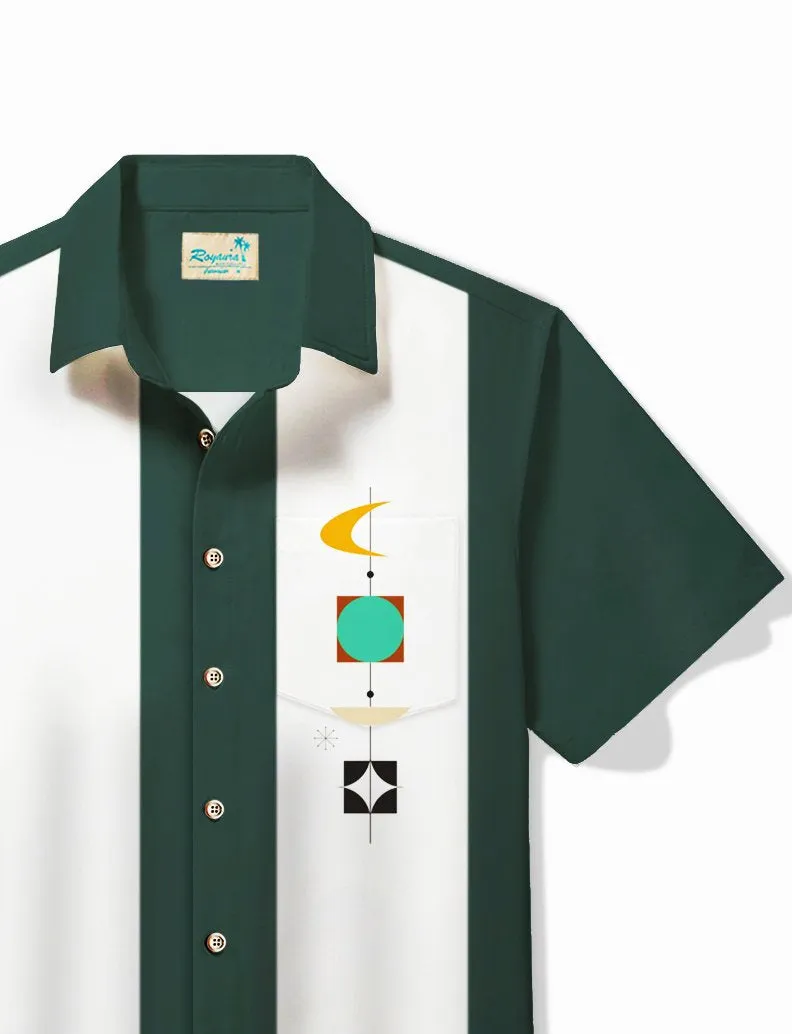 Alohadaddy Vintage Men's Bowling Medieval Geometric Art Print Shirt Stretch Pocket Camping Shirt Big Tall