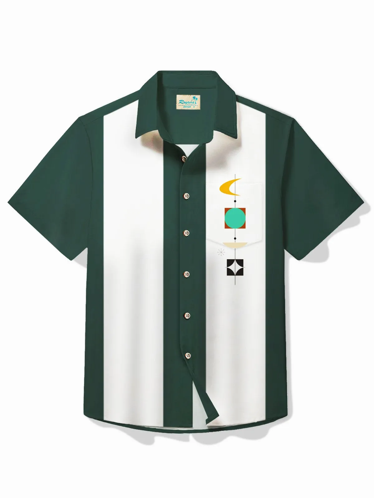 Alohadaddy Vintage Men's Bowling Medieval Geometric Art Print Shirt Stretch Pocket Camping Shirt Big Tall