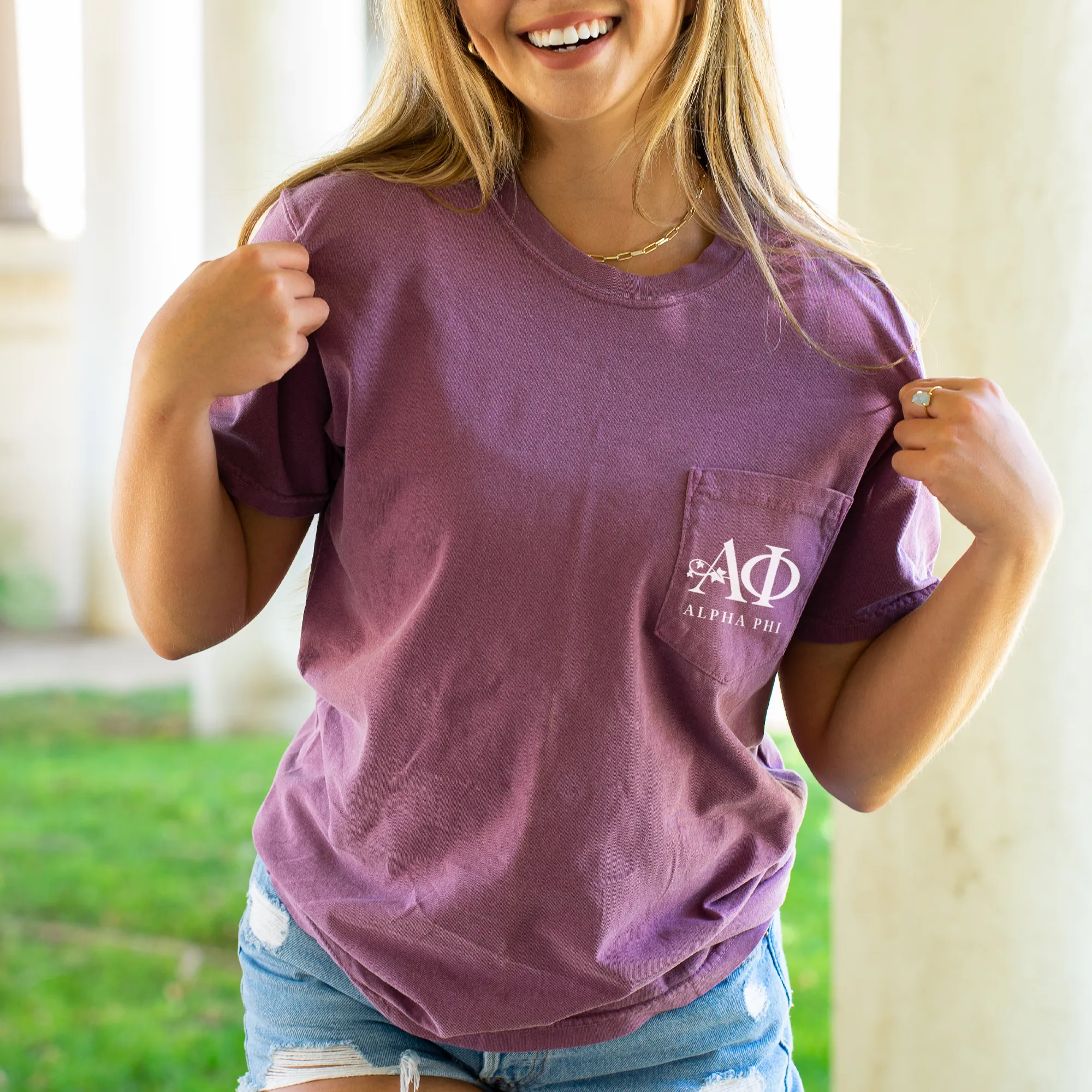 Alpha Phi Ivy Logo Pocket Tee - Berry