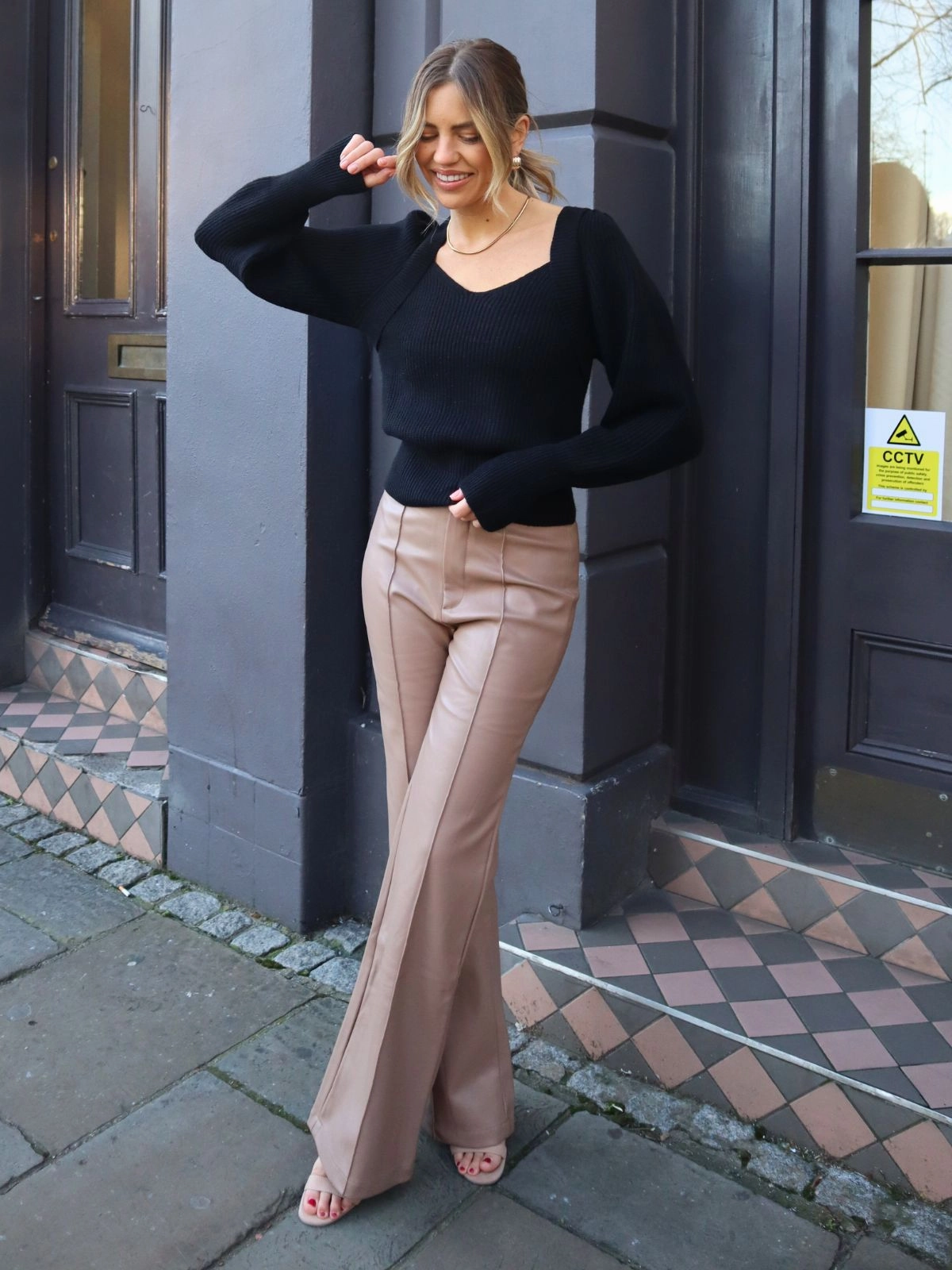 Stain Resistant Weave Alyssa PU Flare Trouser / Camel