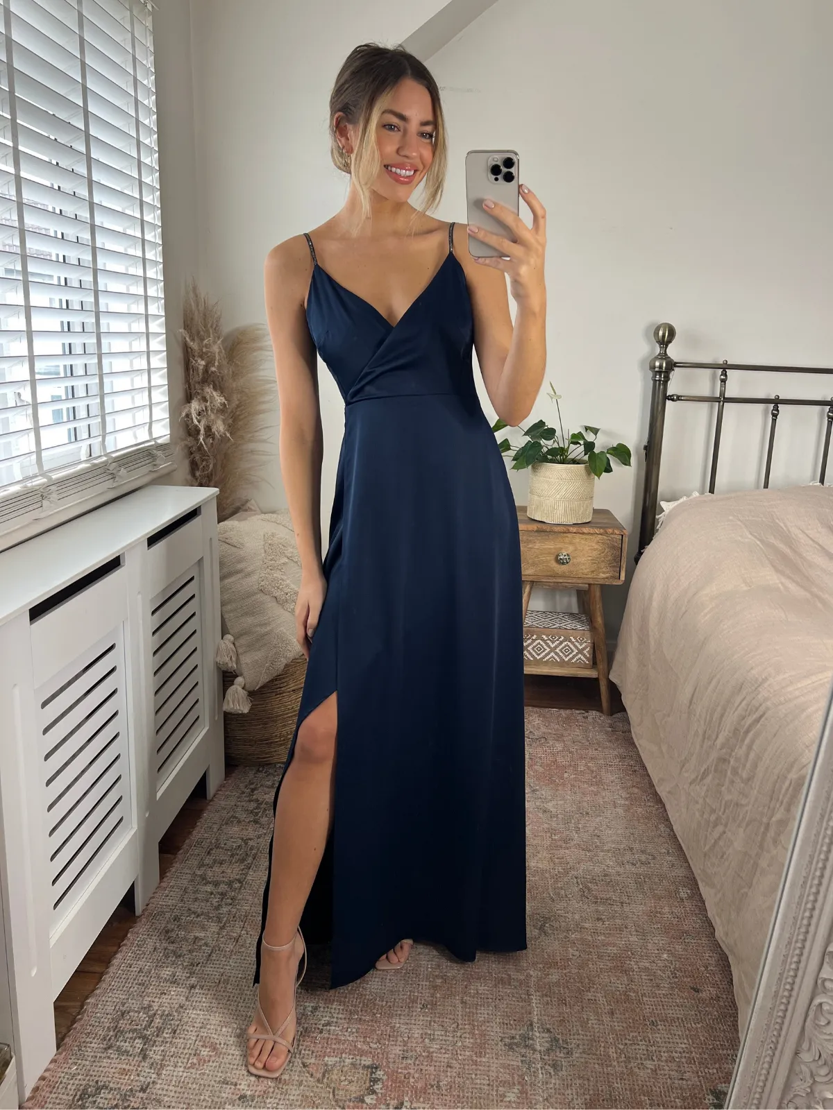 Diamante Strap Maxi Satin Dress / Navy Refined Aesthetic Easy Comfort