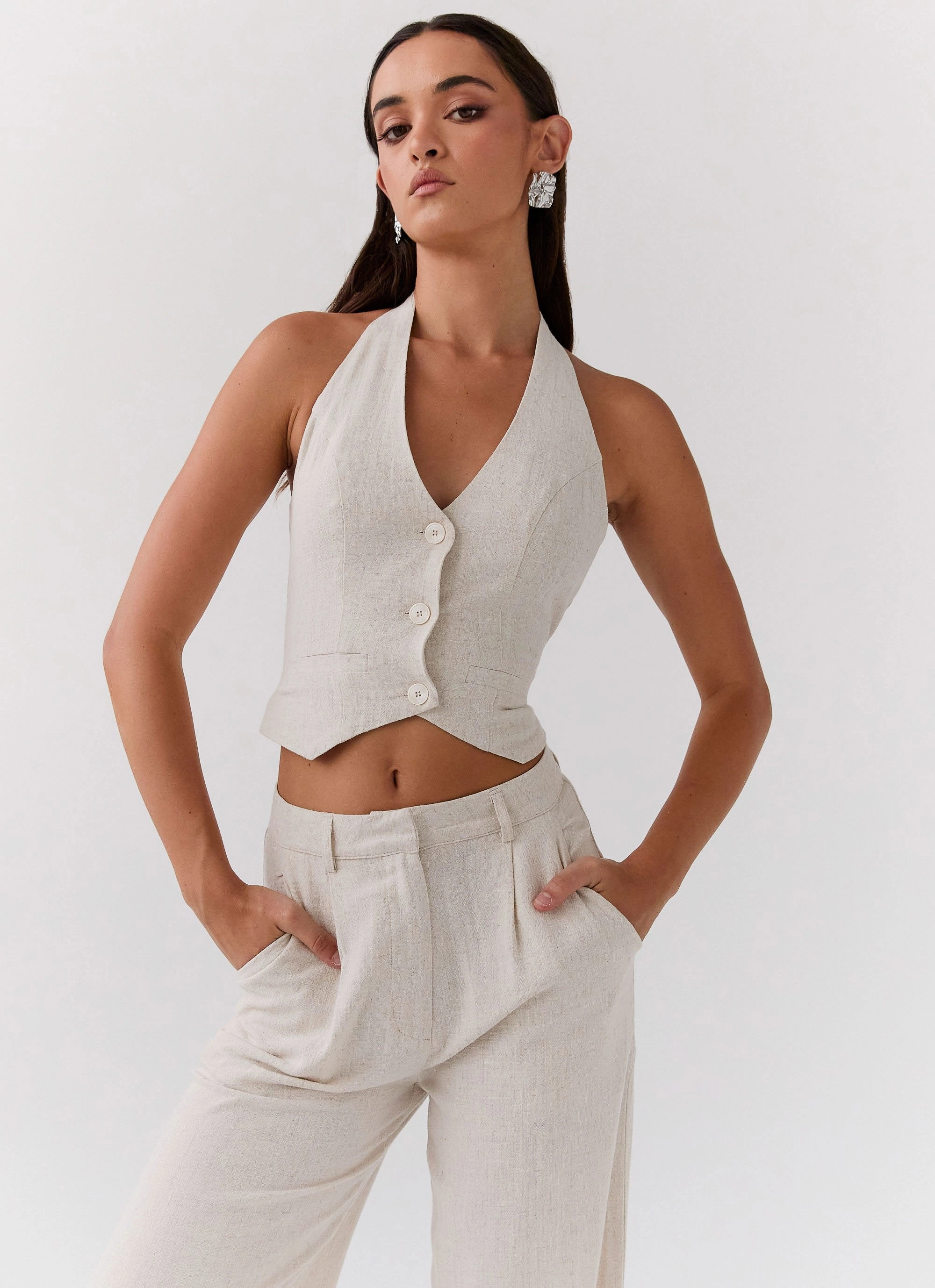 AntiBacterial Coating Ambrosa Halterneck Linen Vest - Oatmeal