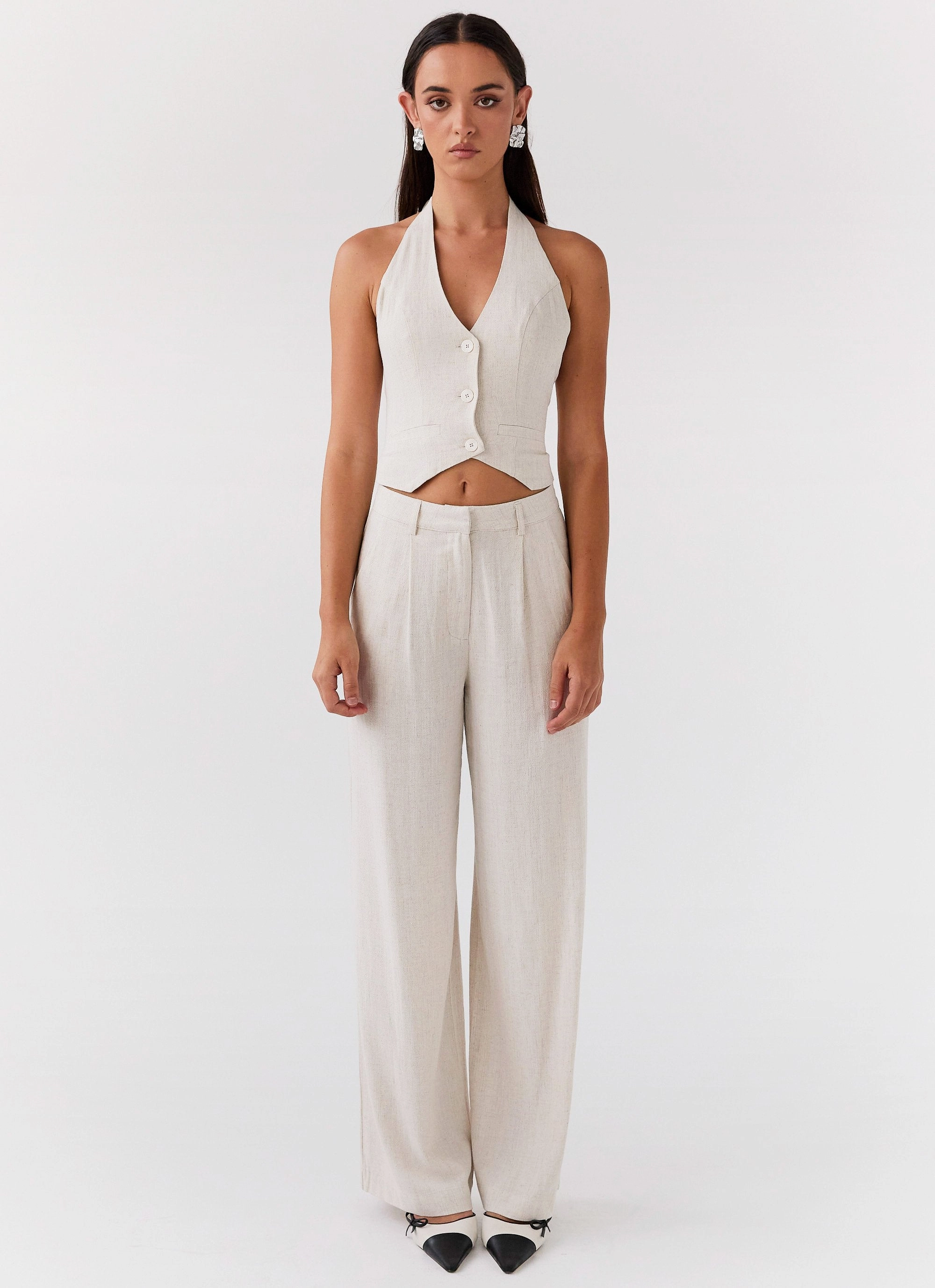 Ambrosa Halterneck Linen Vest - Oatmeal GarmentWashedFinish