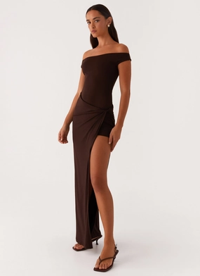 Off-Shoulder Office Friendly Amerie Maxi Dress - Chocolate
