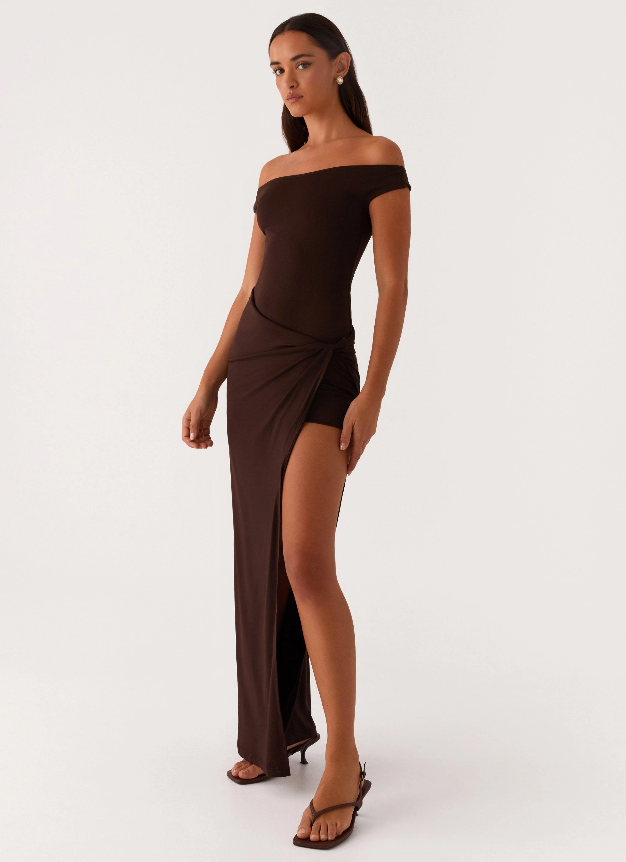 Off-Shoulder Office Friendly Amerie Maxi Dress - Chocolate