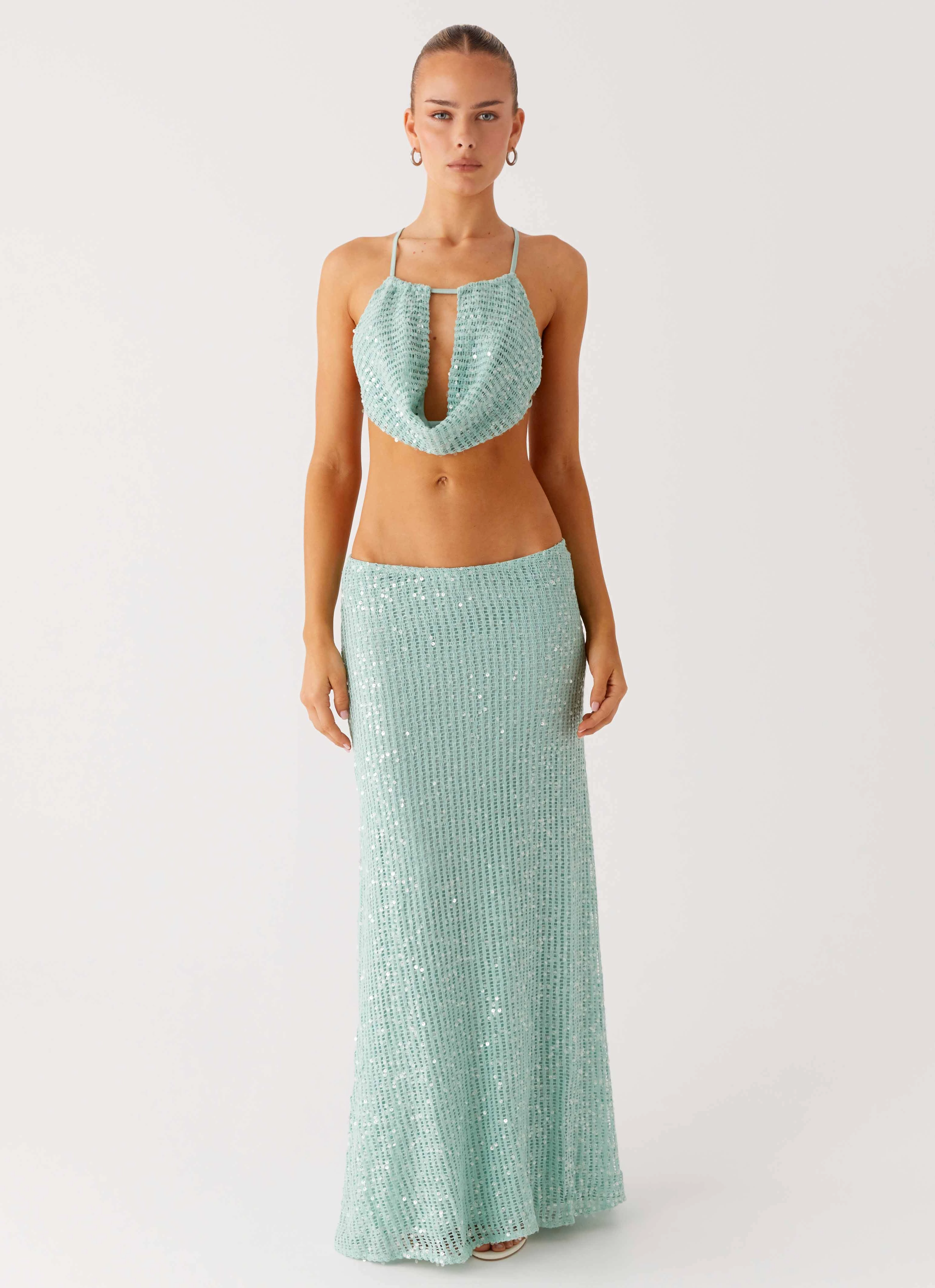 Comfort Wear Amoura Sequin Low Rise Maxi Skirt - Mint Sage