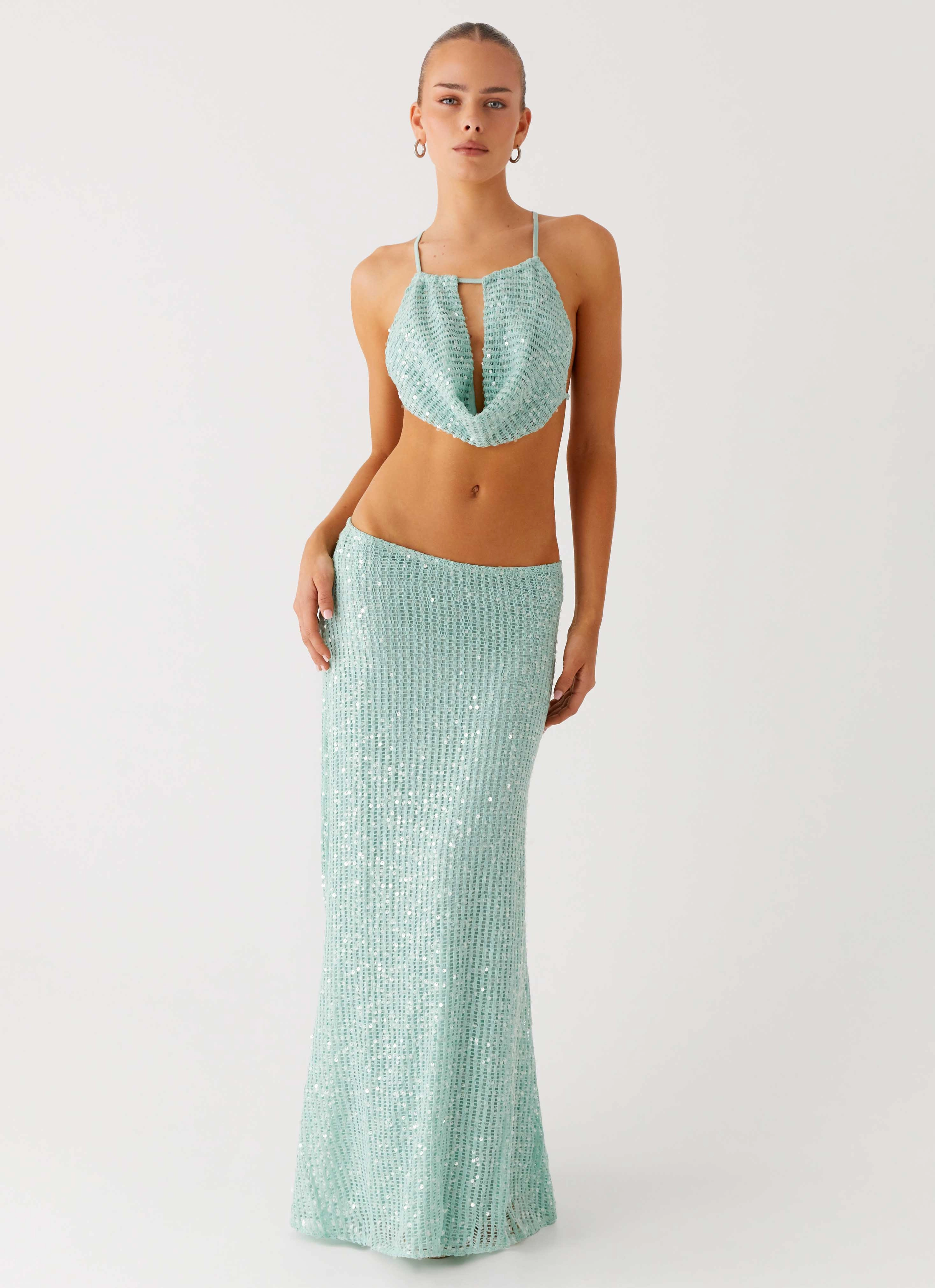 Amoura Sequin Low Rise Maxi Skirt - Mint Sage CompressionFitFabric