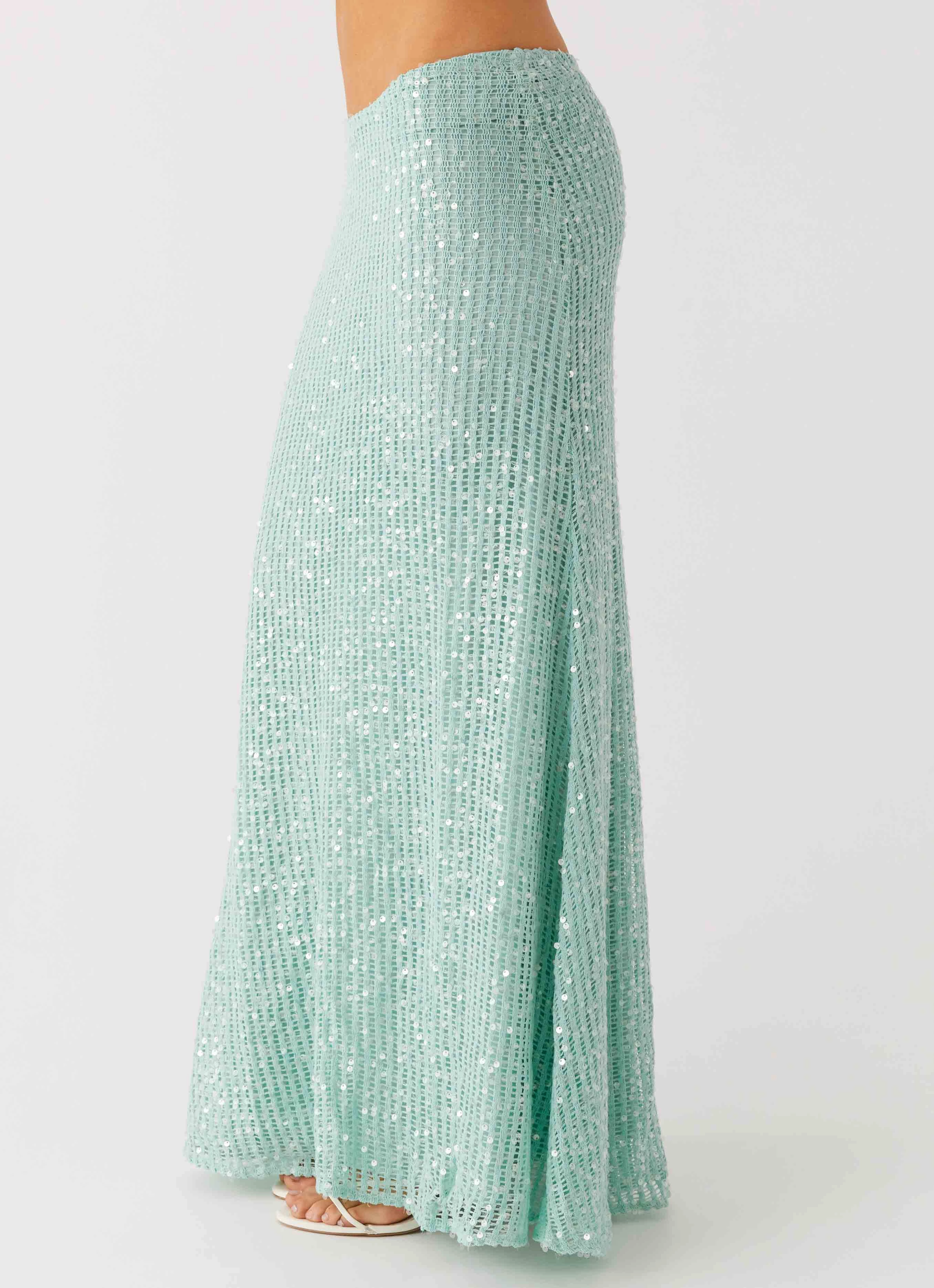 Amoura Sequin Low Rise Maxi Skirt - Mint Sage Weekend Ready Freedom Move