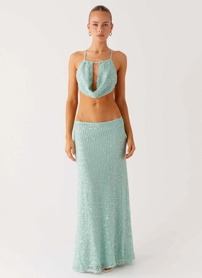 Comfort Wear Amoura Sequin Low Rise Maxi Skirt - Mint Sage