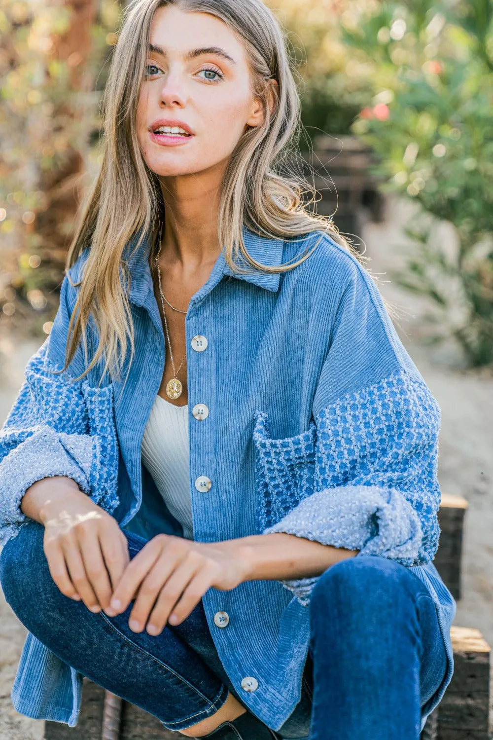 And The Why Button Down Corduroy Contrast Texture Long Sleeve Shacket in Blue
