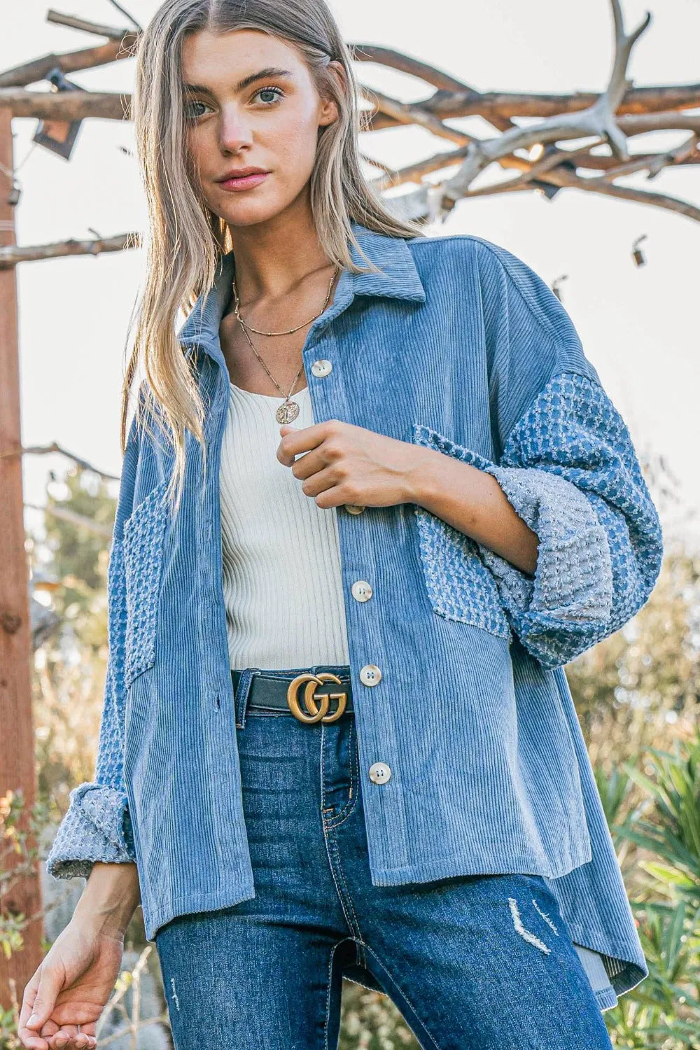 And The Why Button Down Corduroy Contrast Texture Long Sleeve Shacket in Blue