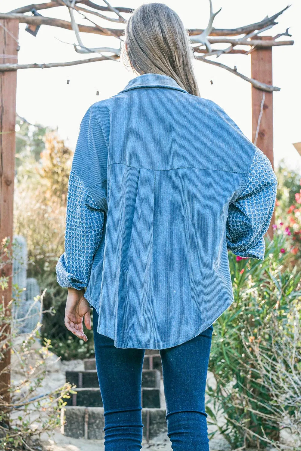 And The Why Button Down Corduroy Contrast Texture Long Sleeve Shacket in Blue