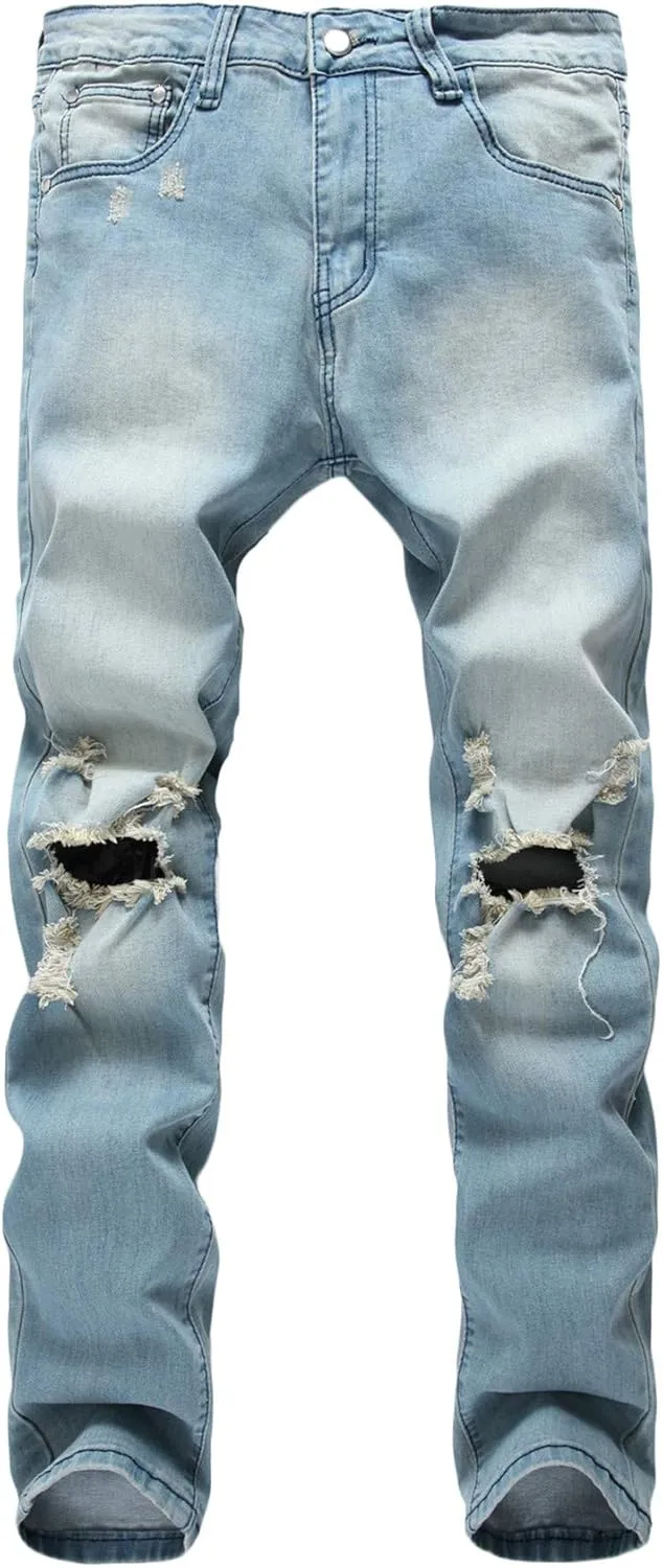 Andongnywell Men's Slim Fit Stretch Destroyed Skinny Zipper Denim Pencil Pants Causal Slim Fit Stretch Ripped Jeans