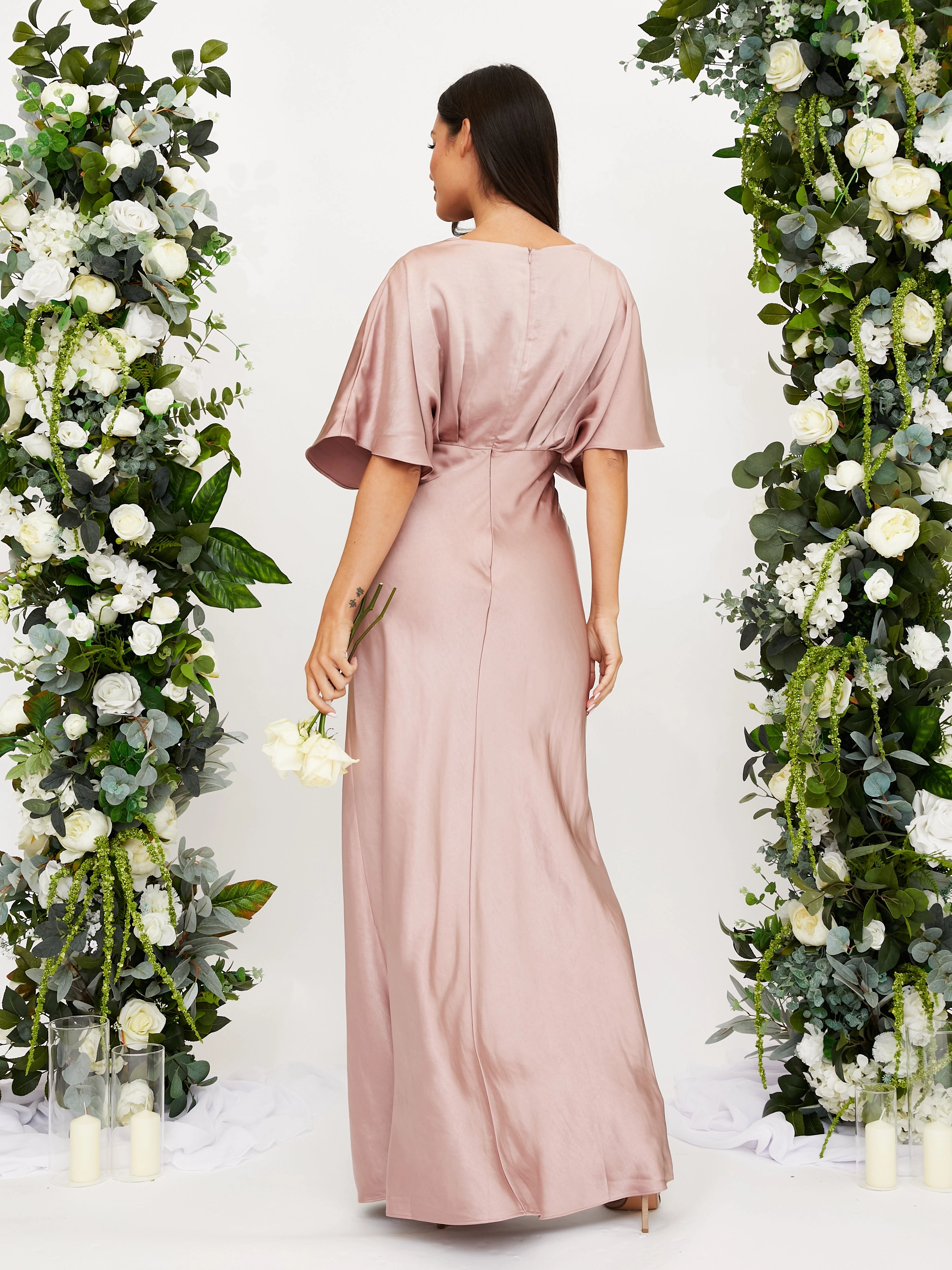 Angel Sleeve Maxi Satin Dress / Blush Silky Shape