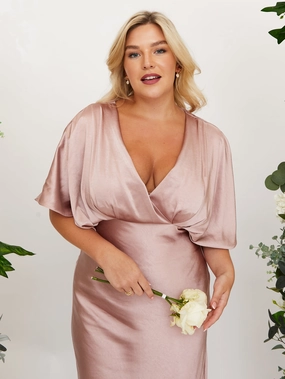 Evening Event Fitted Shape Angel Sleeve Maxi Satin Dress / Blush