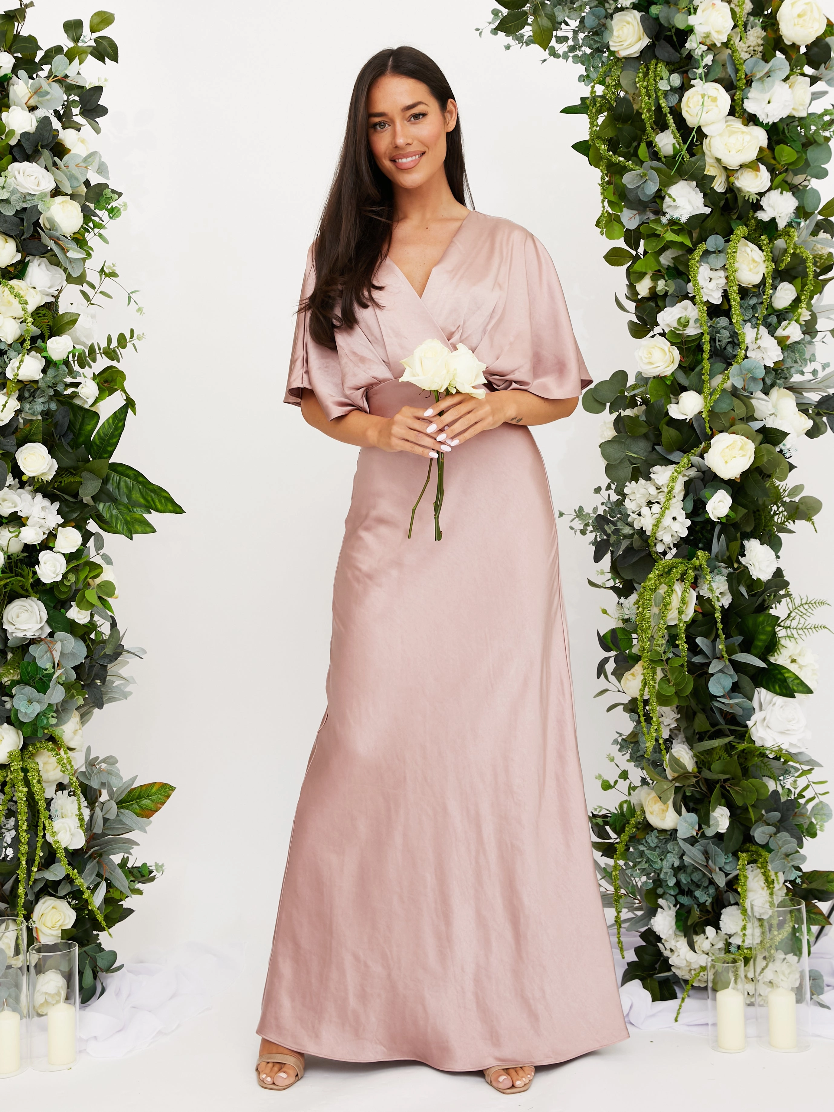 Angel Sleeve Maxi Satin Dress / Blush Mood Friendly Soft Hue