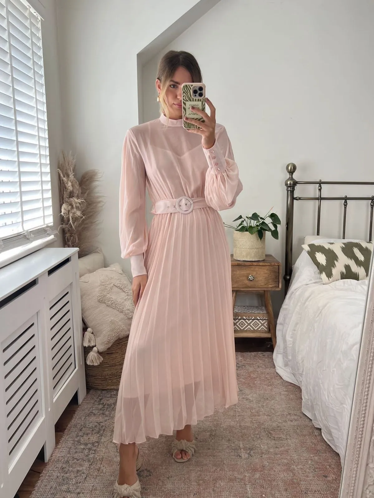 Angelina High Neck Pleated Dress / Blush Flattering Waist Fit Body Ease