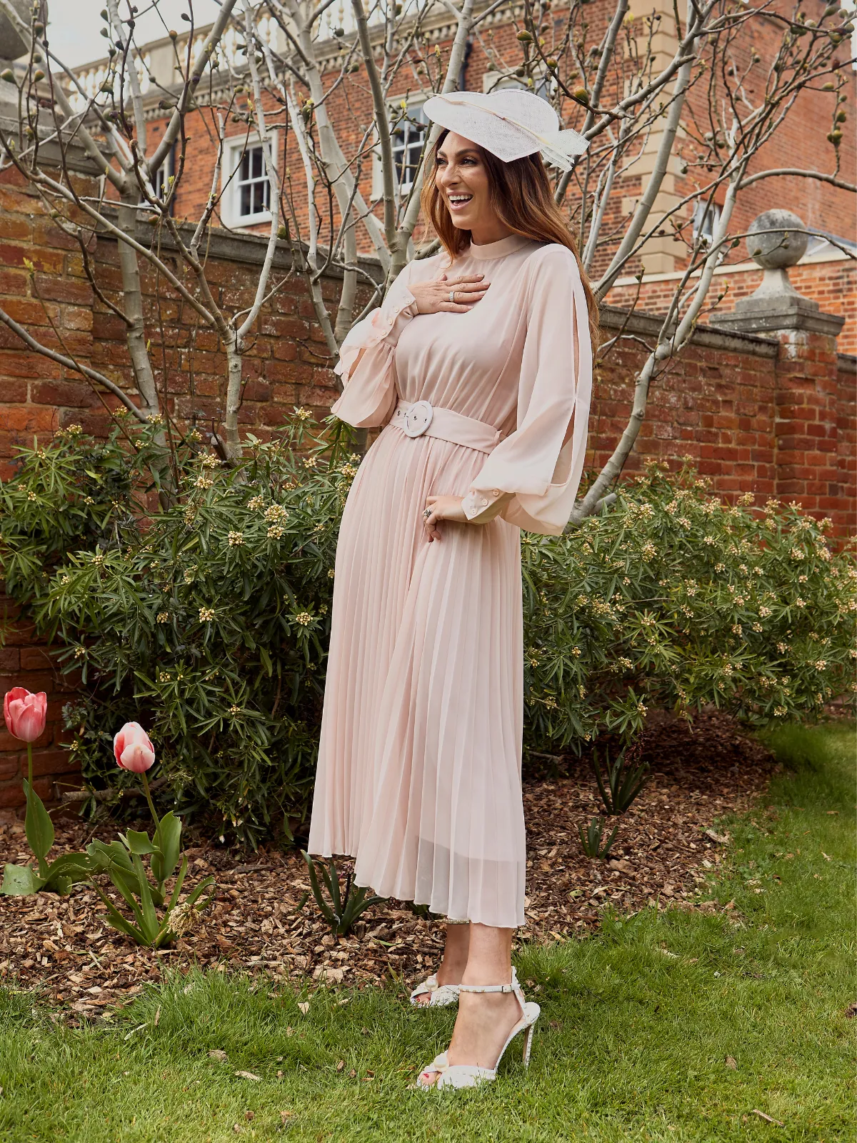 Angelina High Neck Pleated Dress / Blush Sunset Scene Structured Fit