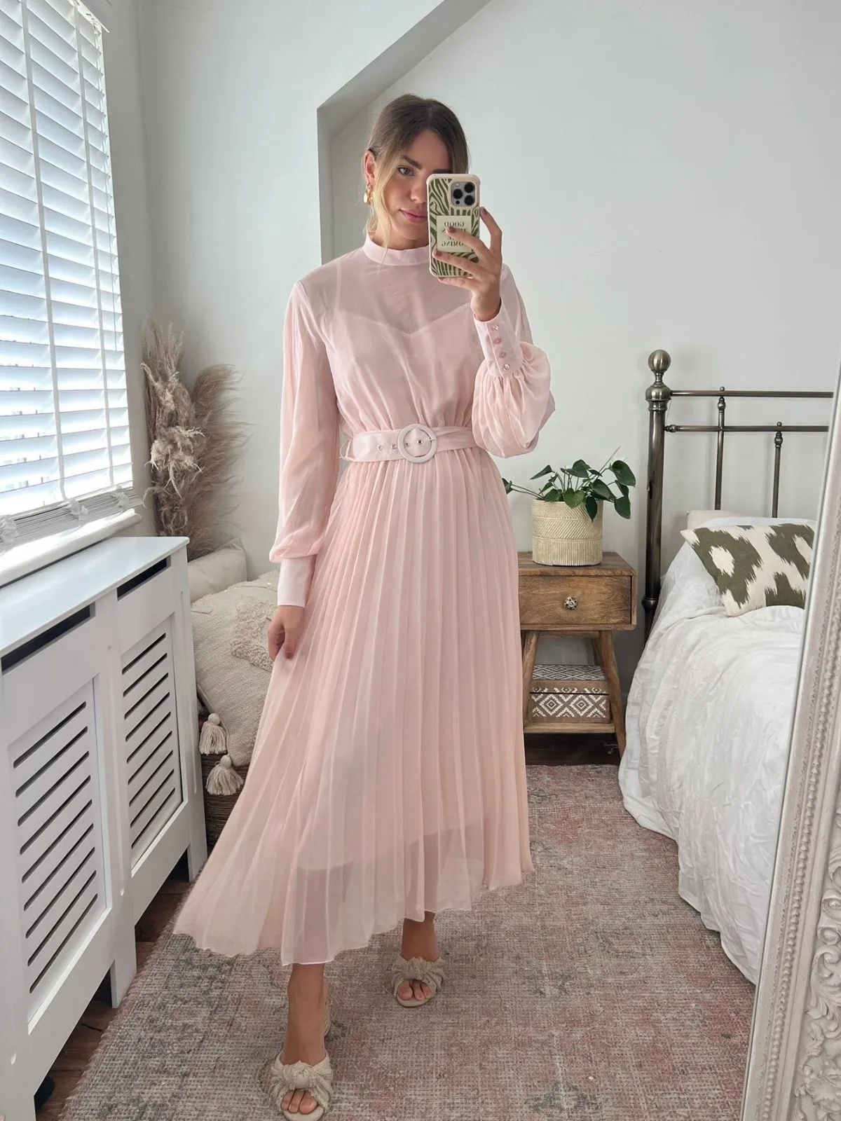 Picture Perfect Angelina High Neck Pleated Dress / Blush