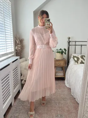Picture Perfect Angelina High Neck Pleated Dress / Blush