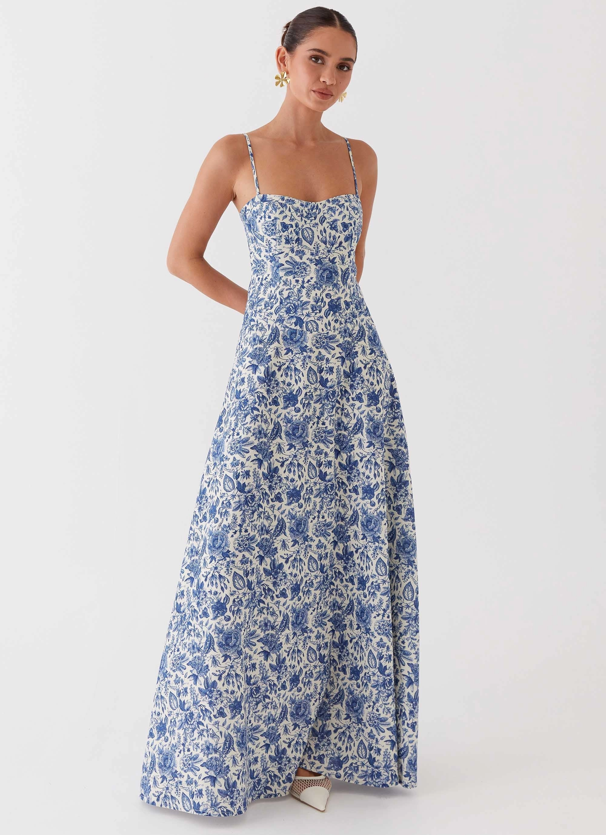 Angelina Linen Maxi Dress - Blue Paisley Calm Drape High Waist