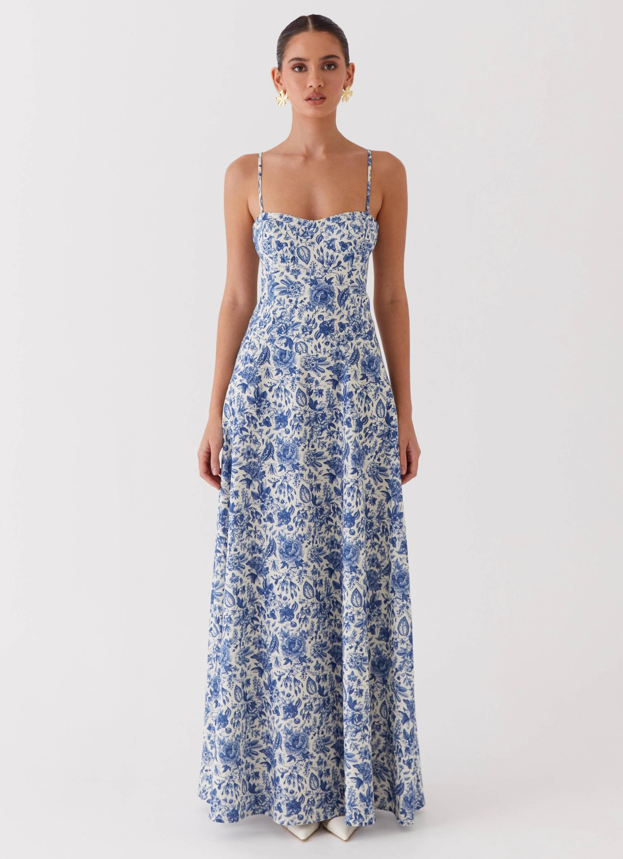 Magic Day Ruffle Detail Angelina Linen Maxi Dress - Blue Paisley