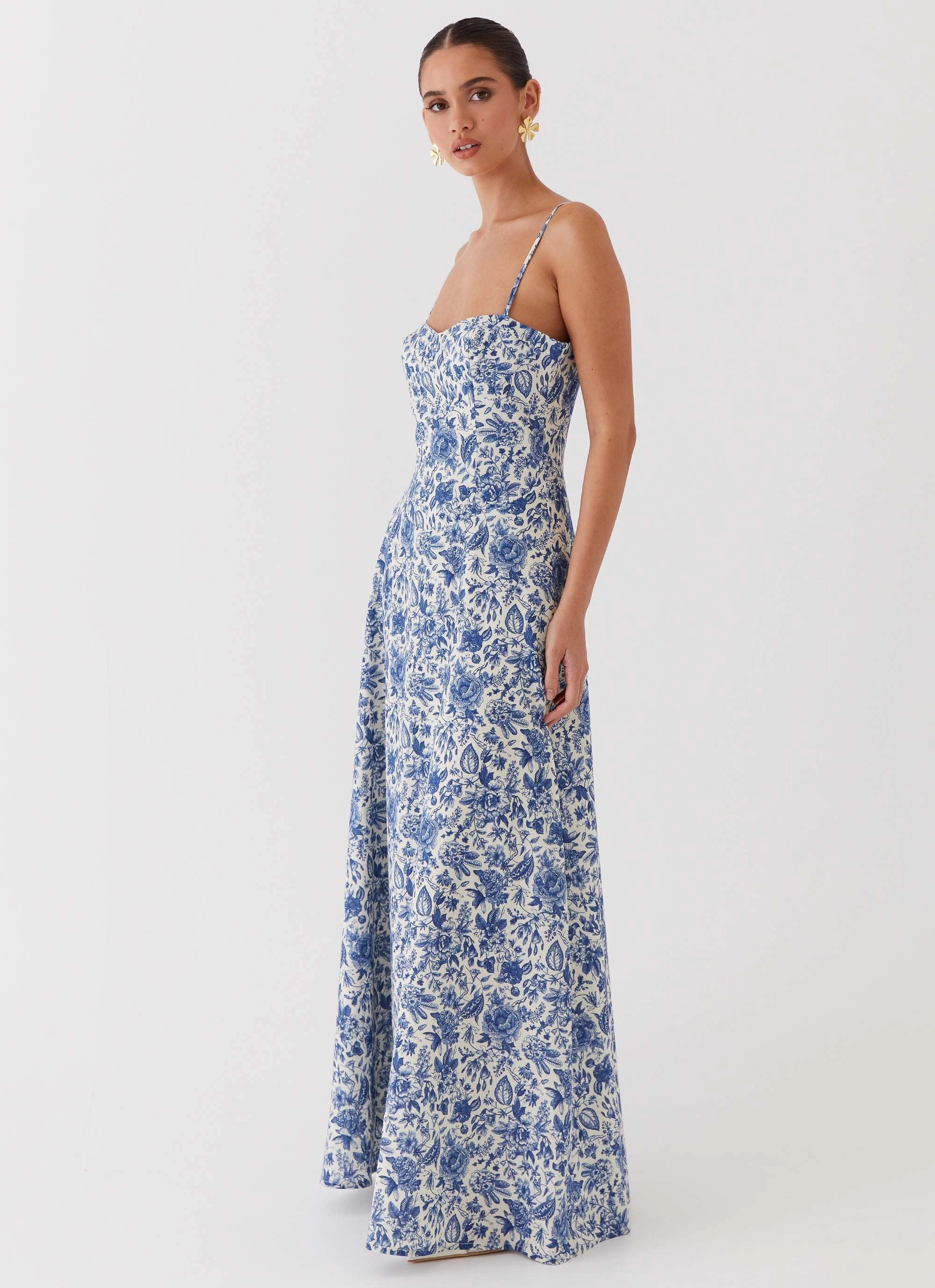 Angelina Linen Maxi Dress - Blue Paisley Petite Chic Geometric-pattern