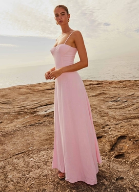 Angelina Linen Maxi Dress - Pink Petal Stud-Detail