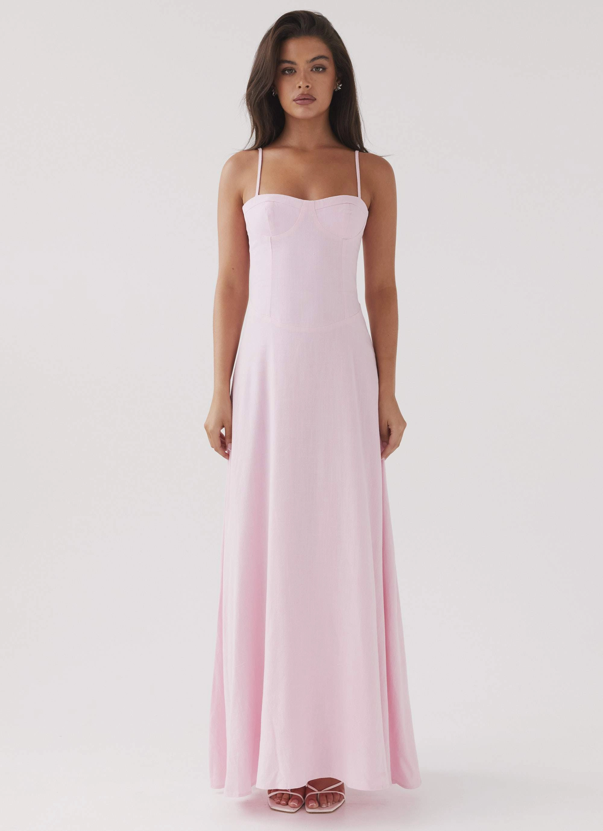 Angelina Linen Maxi Dress - Pink Petal Side Ruching