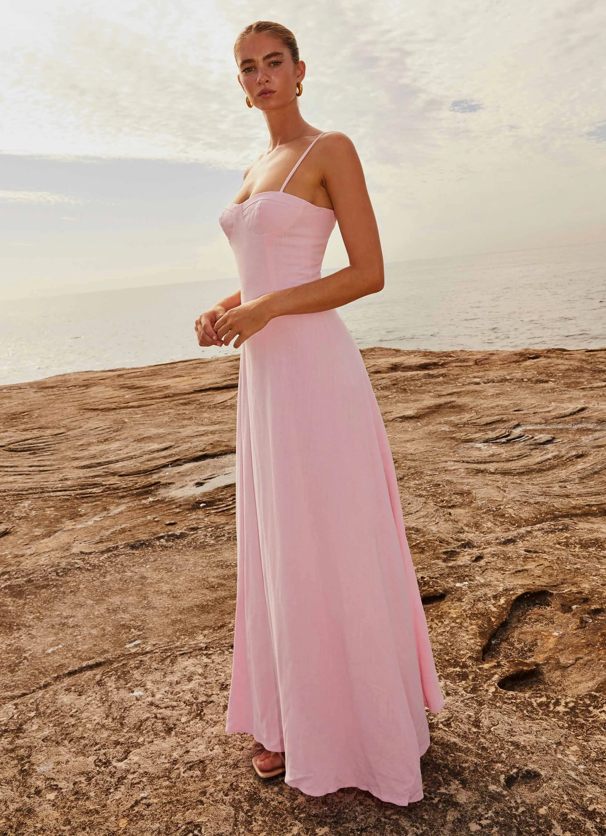 Angelina Linen Maxi Dress - Pink Petal Stud-Detail