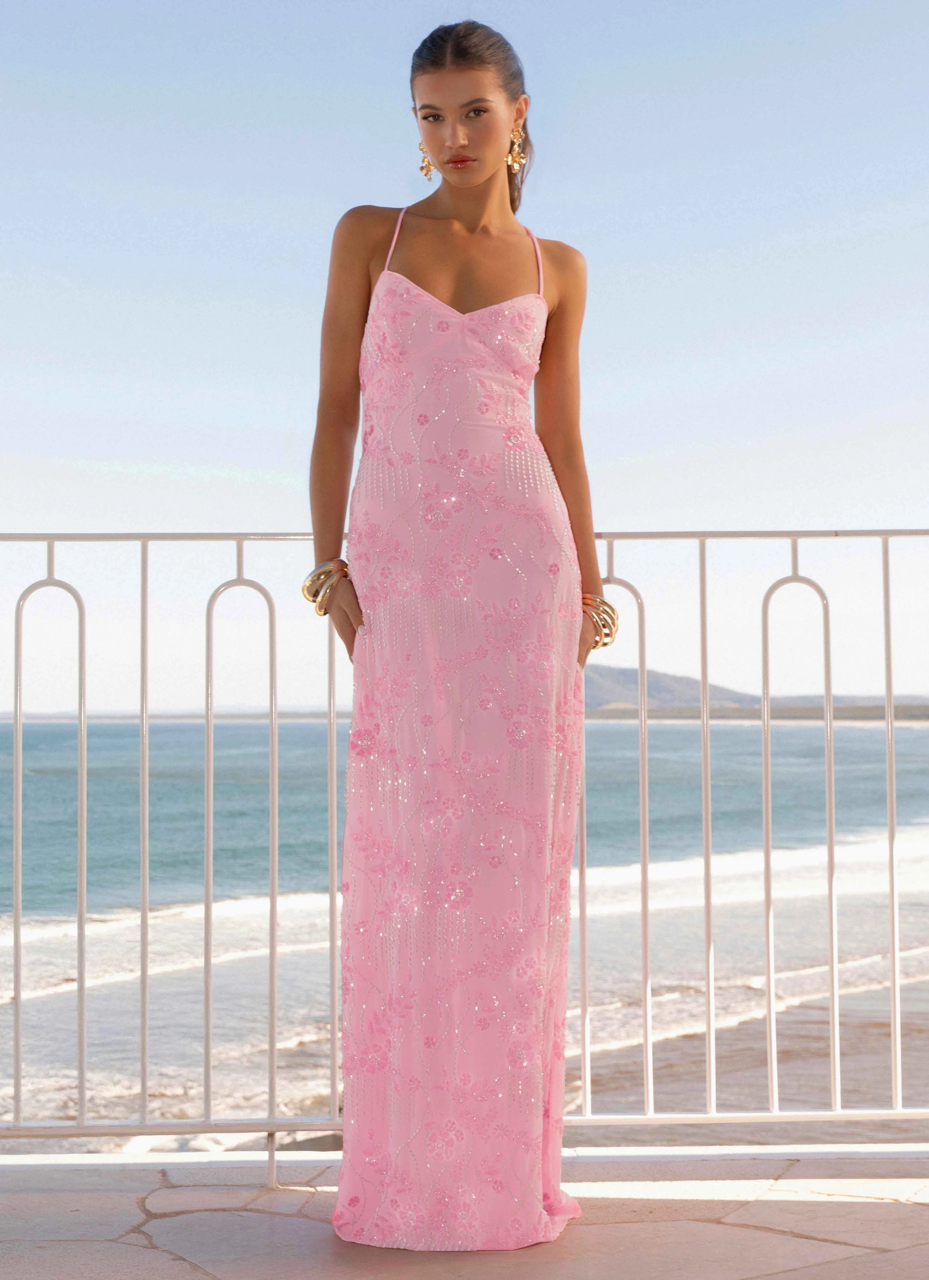 Subtle Texture All-Season Comfort Vietta Sequin Cami Maxi Dress - Pink