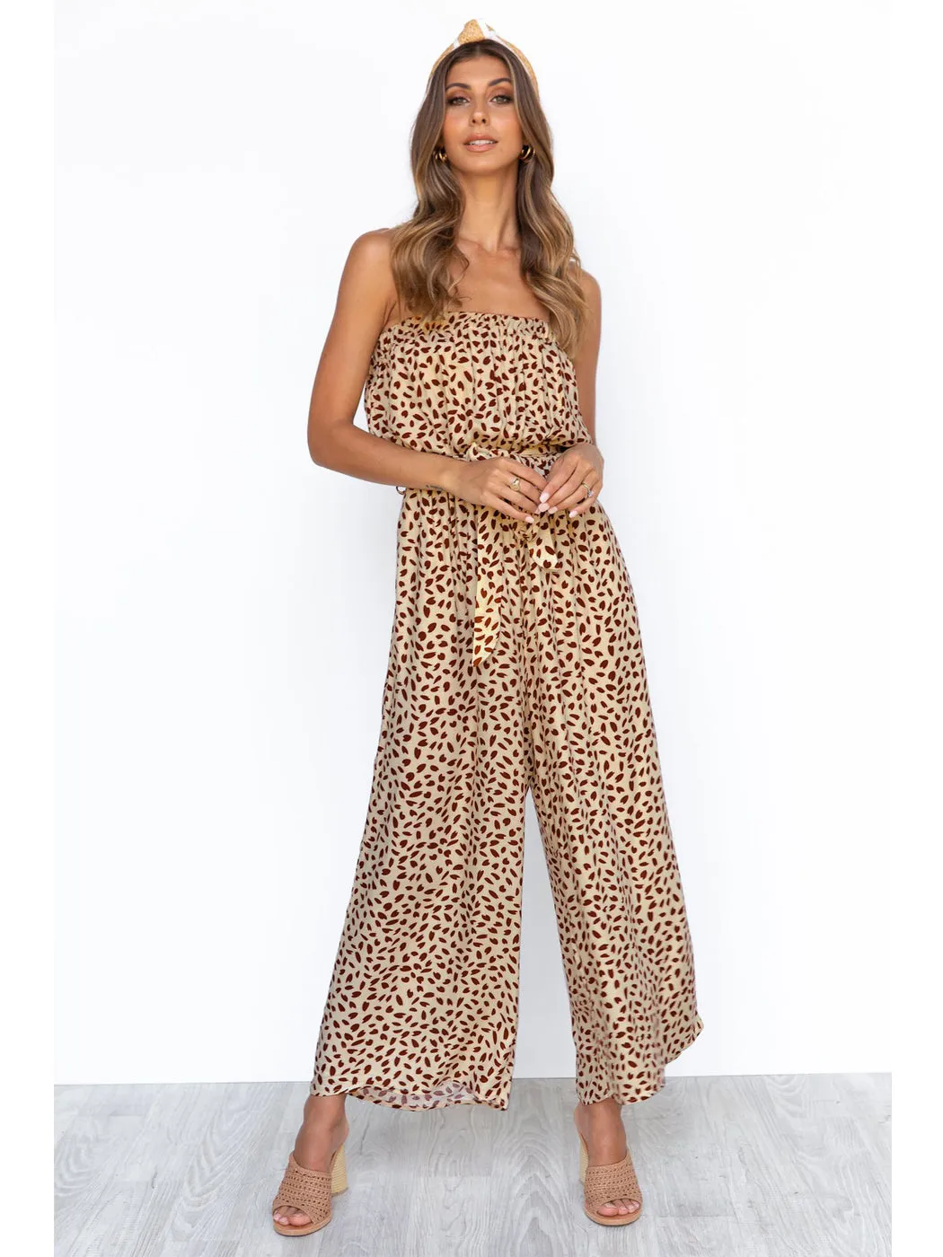 Anna-Kaci Women's Off Shoulder Jumpsuit Printed Belted Elastic Waist Wide Leg Romper with Pockets