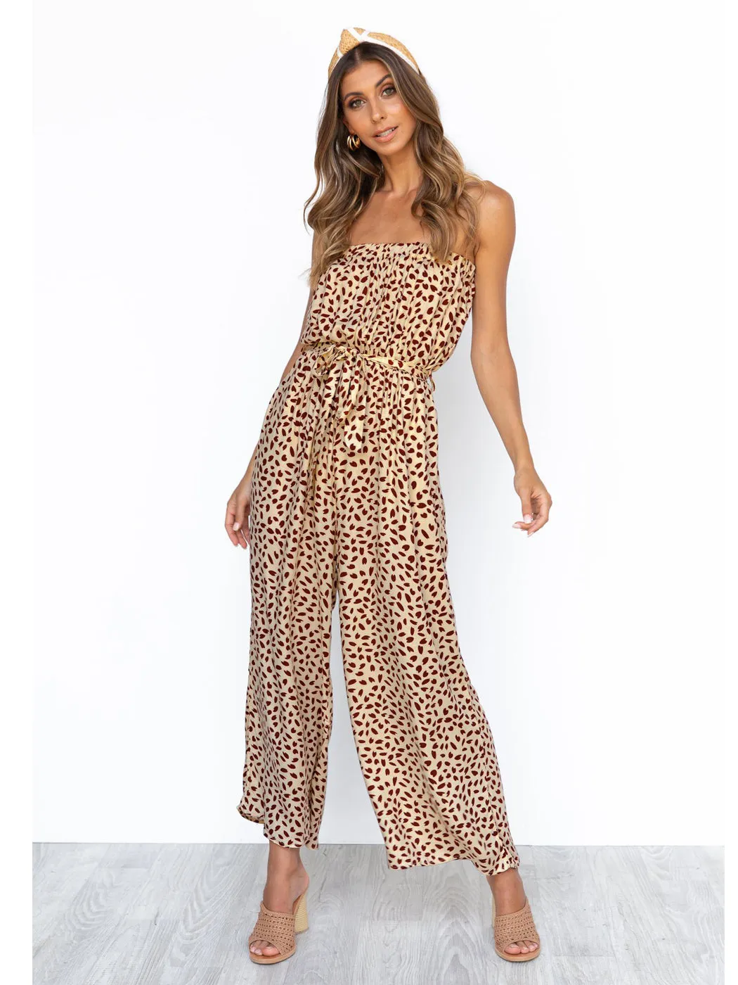 Anna-Kaci Women's Off Shoulder Jumpsuit Printed Belted Elastic Waist Wide Leg Romper with Pockets