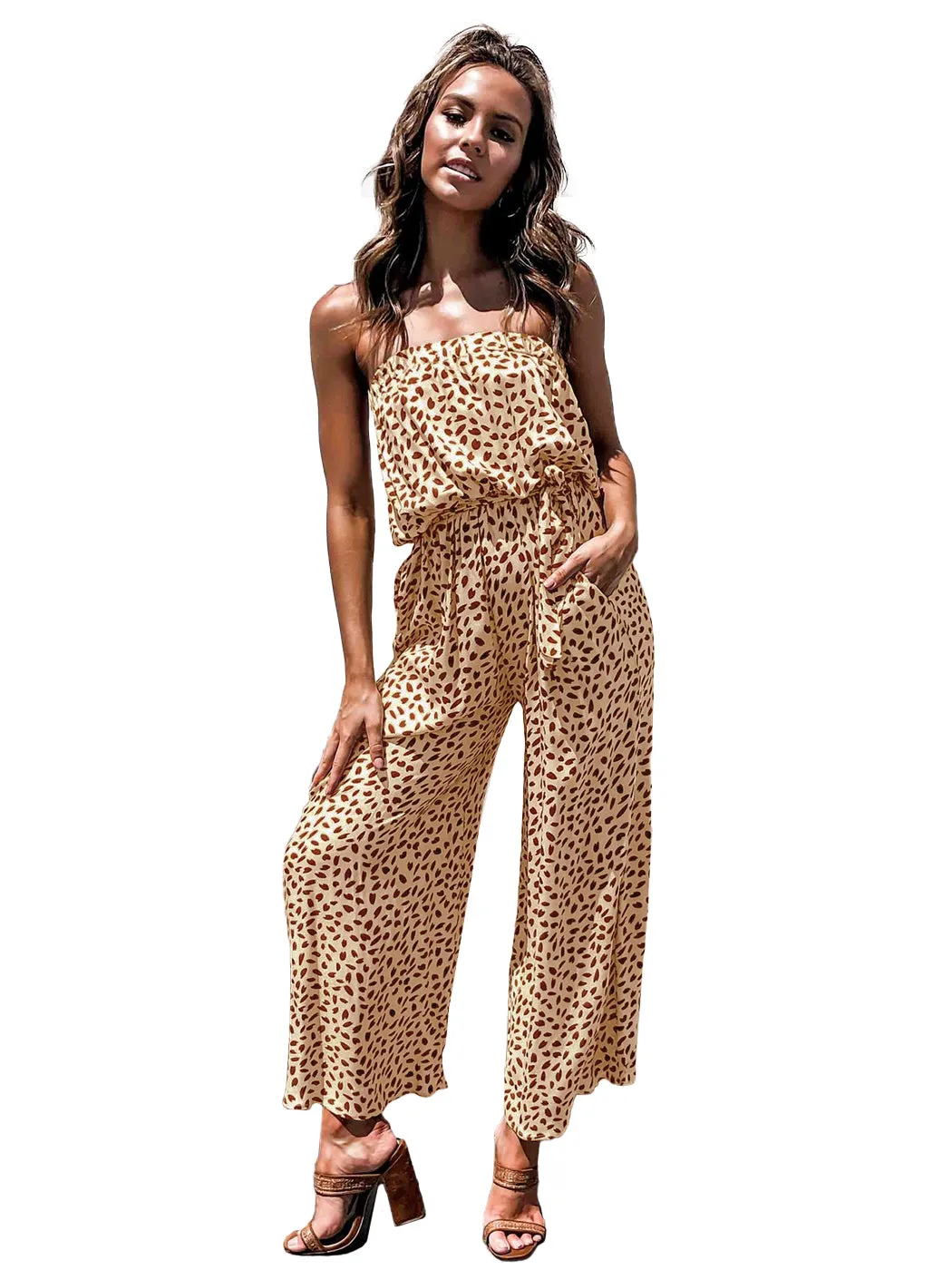 Anna-Kaci Women's Off Shoulder Jumpsuit Printed Belted Elastic Waist Wide Leg Romper with Pockets