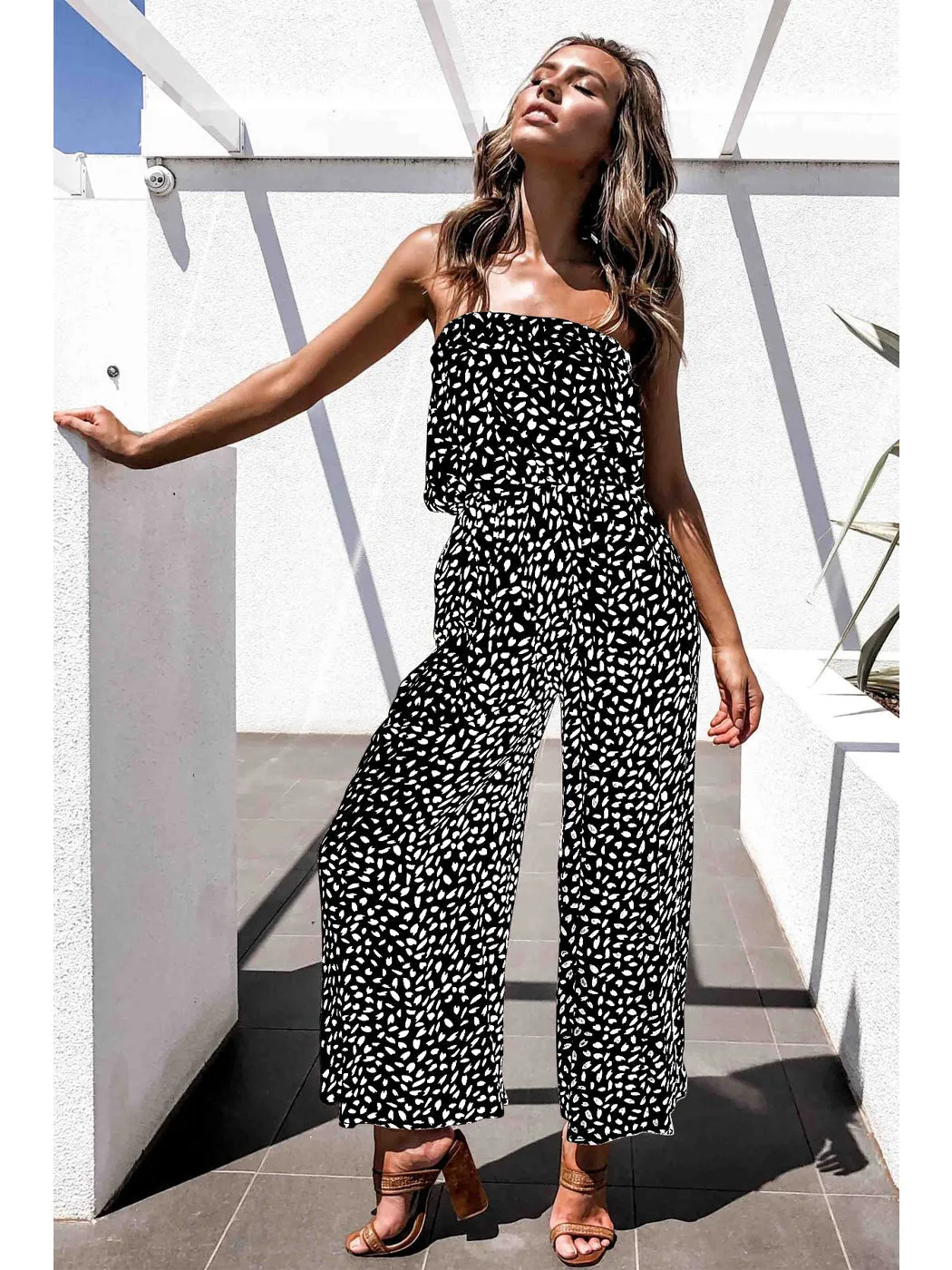 Anna-Kaci Women's Off Shoulder Jumpsuit Printed Belted Elastic Waist Wide Leg Romper with Pockets