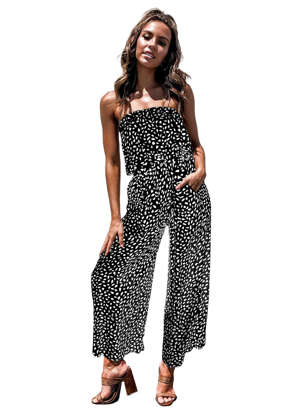 Anna-Kaci Women's Off Shoulder Jumpsuit Printed Belted Elastic Waist Wide Leg Romper with Pockets