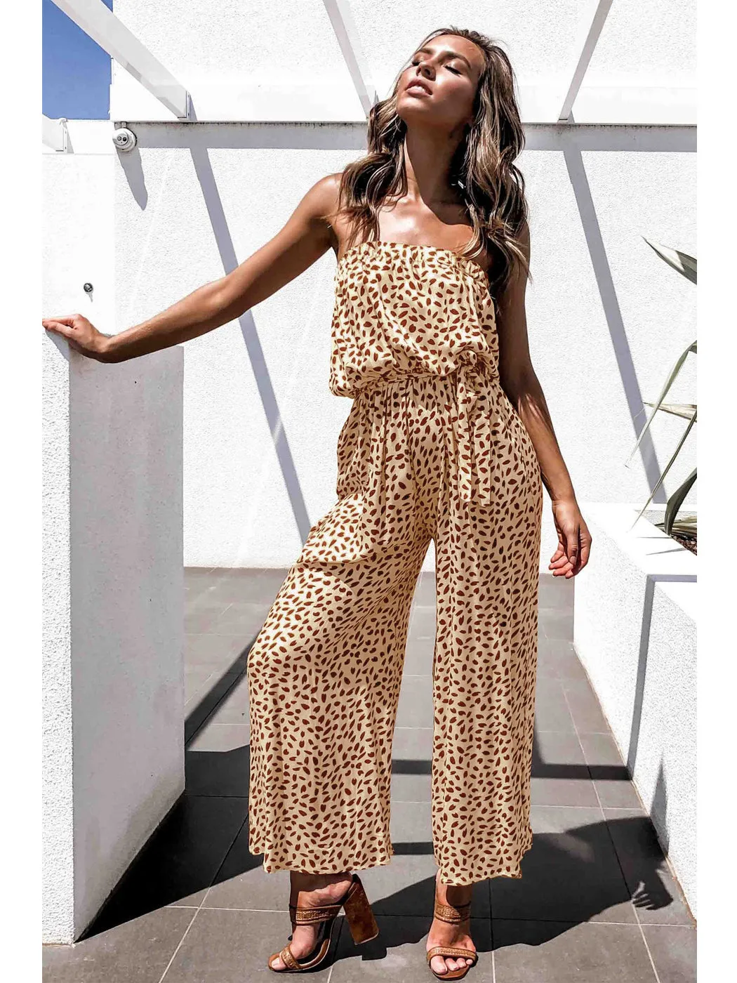 Anna-Kaci Women's Off Shoulder Jumpsuit Printed Belted Elastic Waist Wide Leg Romper with Pockets