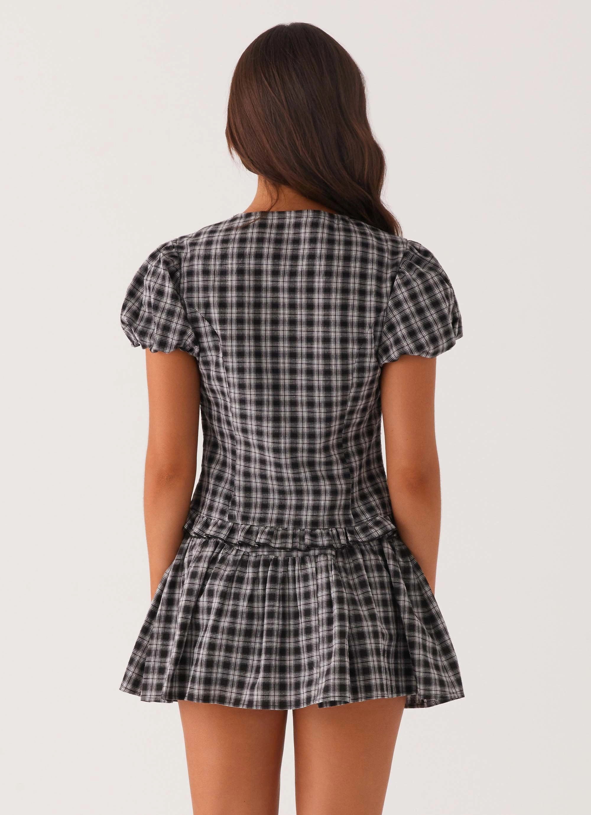 Annie Puff Sleeve Top - White Black Check Fun Design