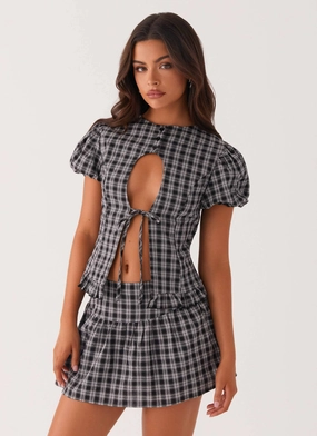Annie Puff Sleeve Top - White Black Check Smooth Seam Transition EcoFriendlyTexture