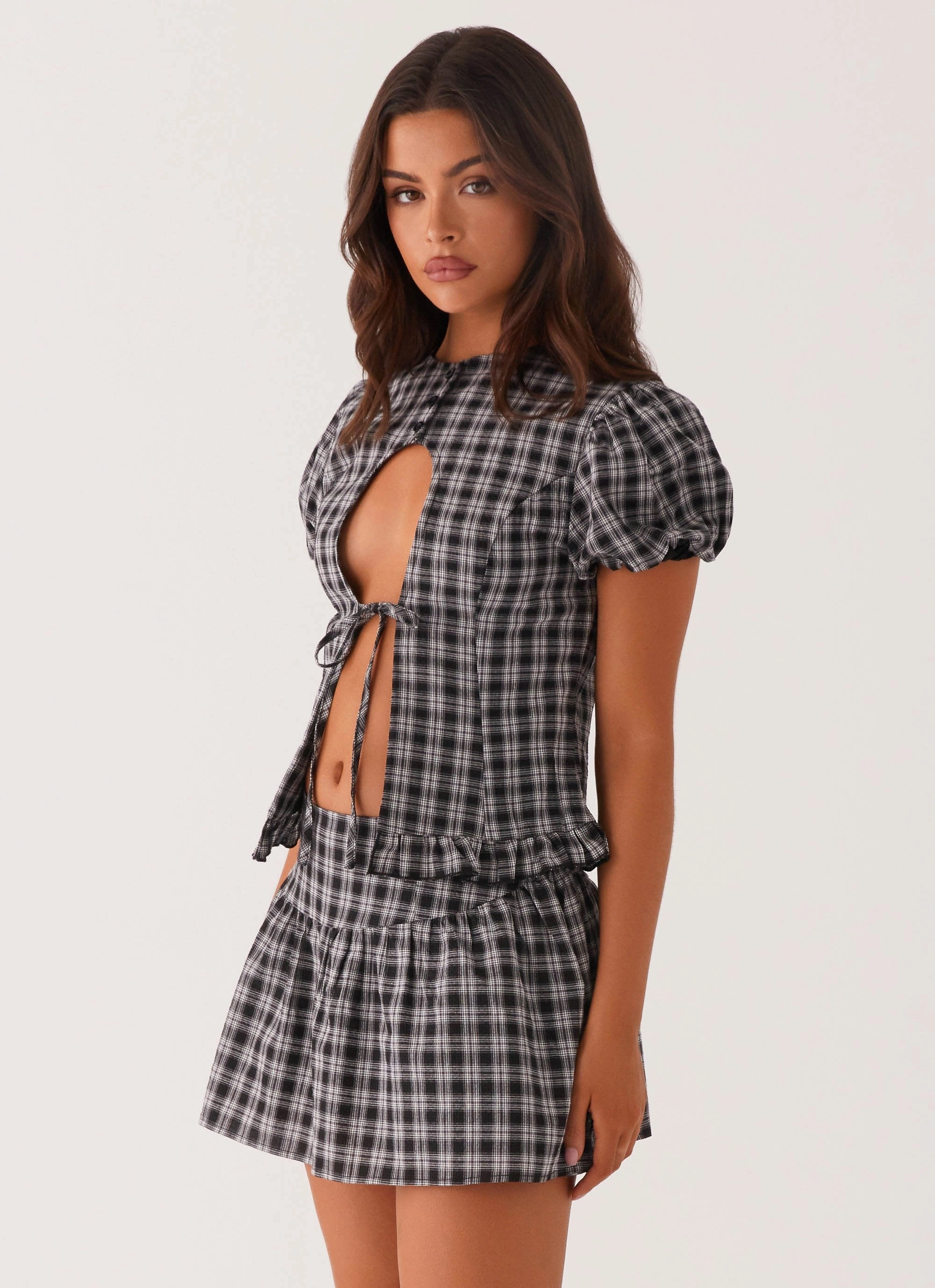 SolarReflectiveFinish Annie Puff Sleeve Top - White Black Check
