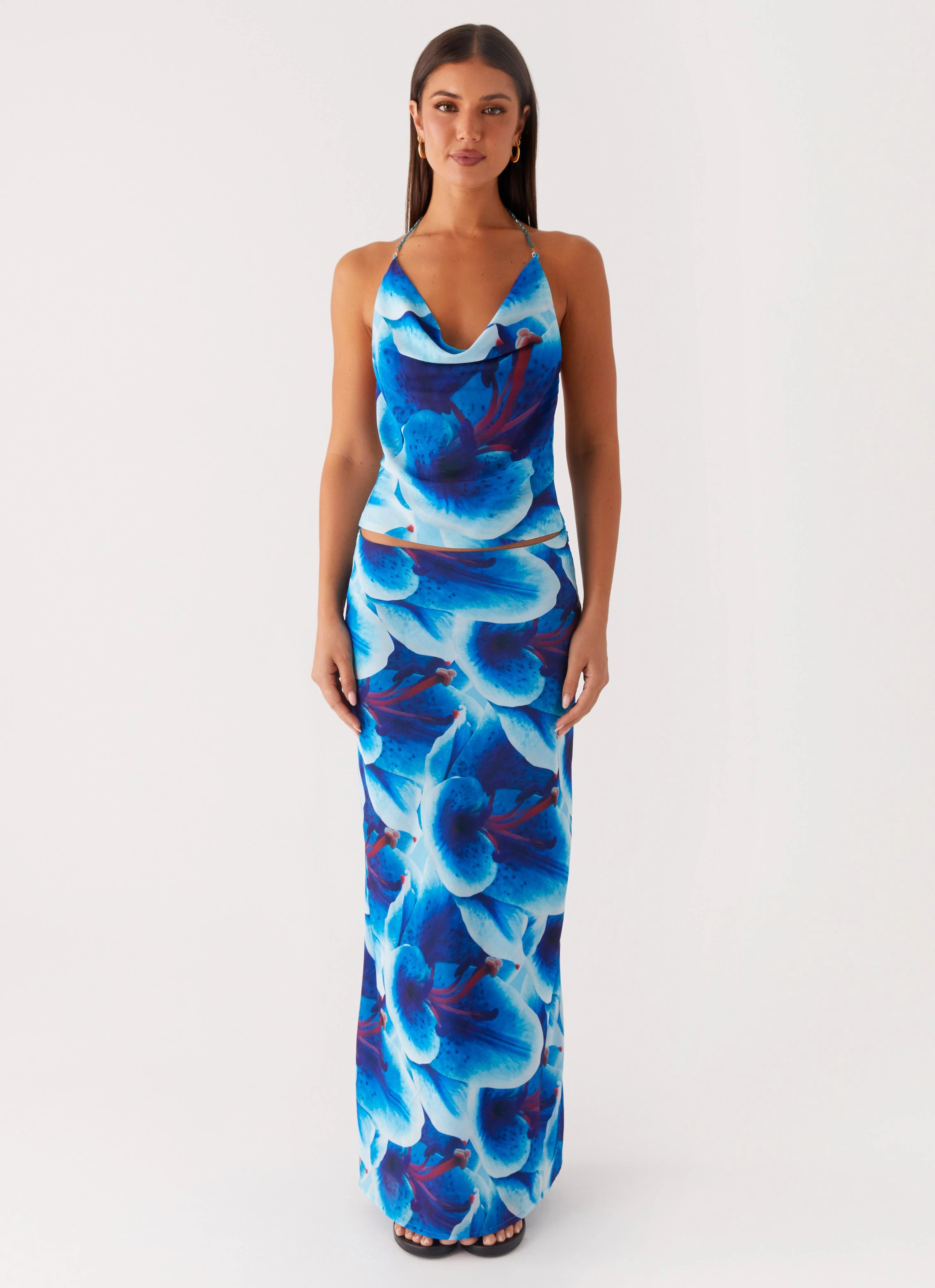 Another Life Chiffon Maxi Skirt - Turquoise Floral Comfy Flex