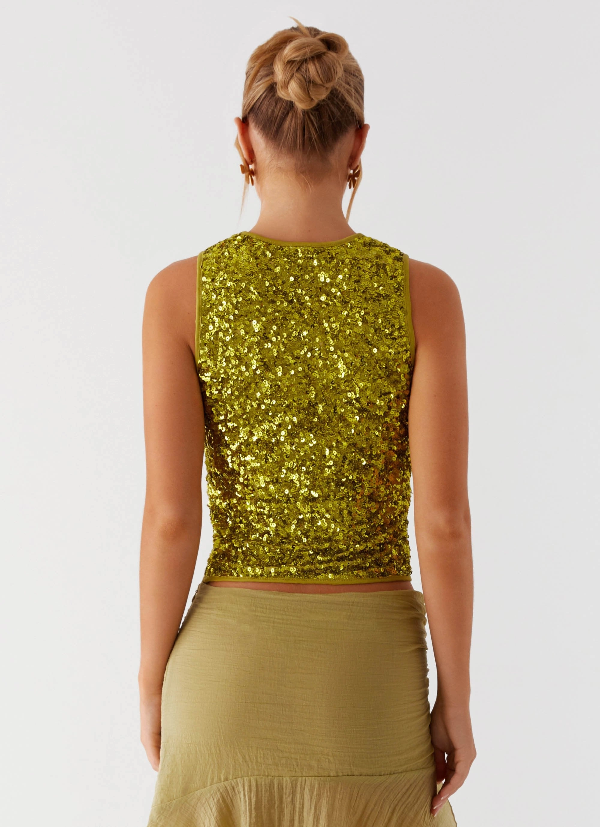 After Midnight Sequin Racer Top - Olive Hybrid Fabric Blend