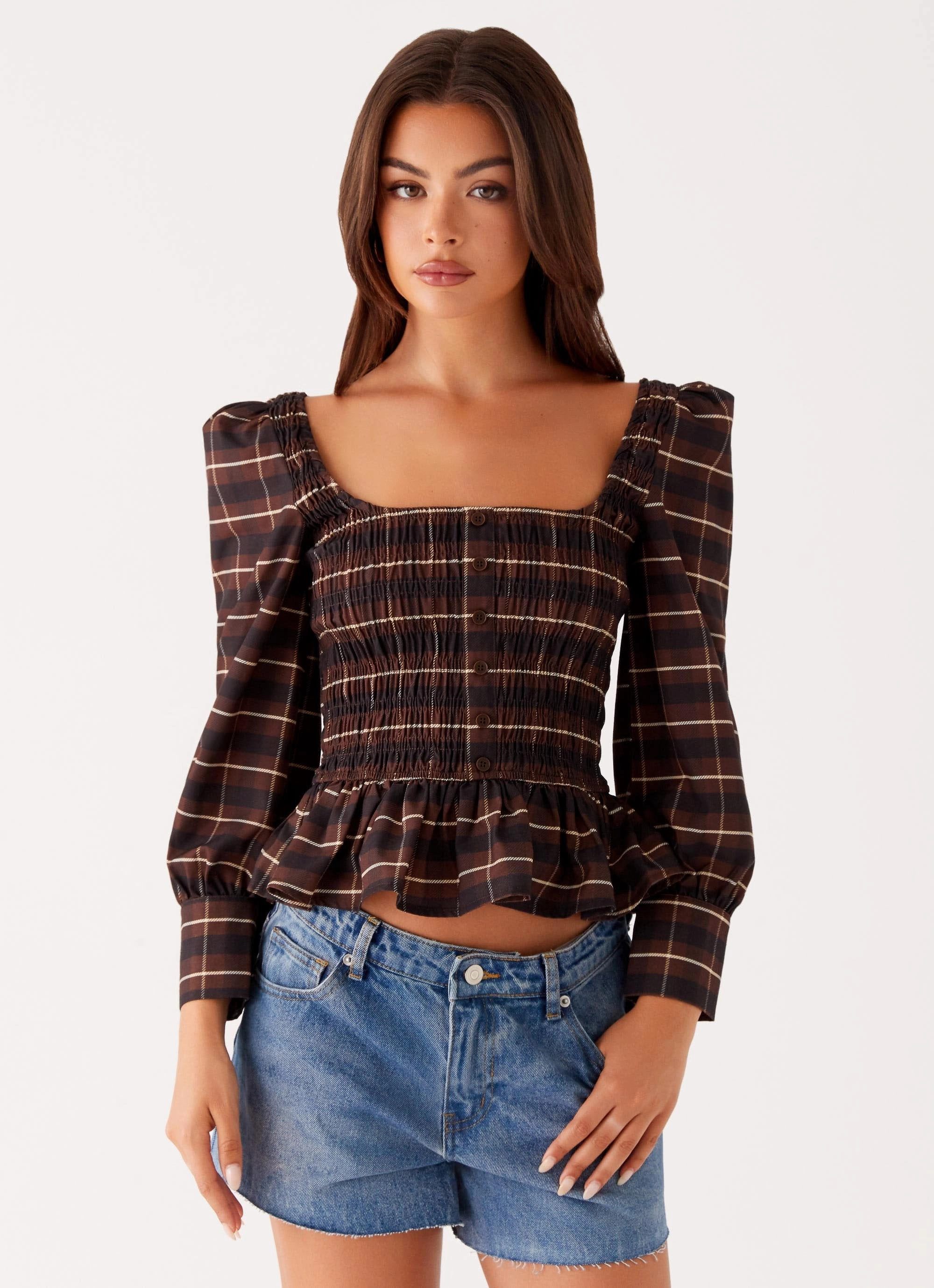 AllDayComfortFit Joyce Long Sleeve Shirred Top - Chocolate Check