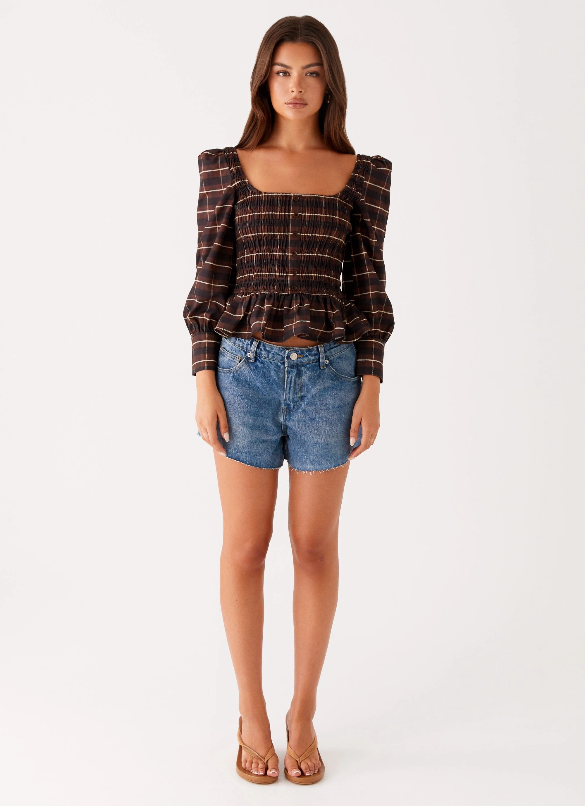 Joyce Long Sleeve Shirred Top - Chocolate Check AdjustableClosure